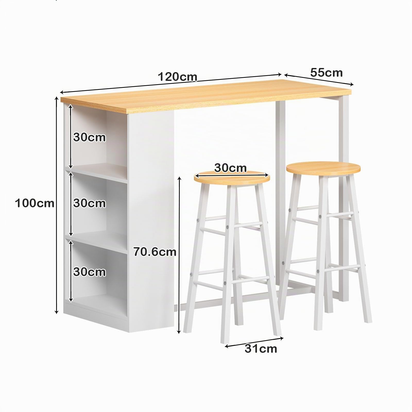 sogesfurniture BHEU-GCBG1022 - Tavolino da bar con 3 ripiani, struttura in metallo, 2 sgabelli, 120 x 55 x 100 cm