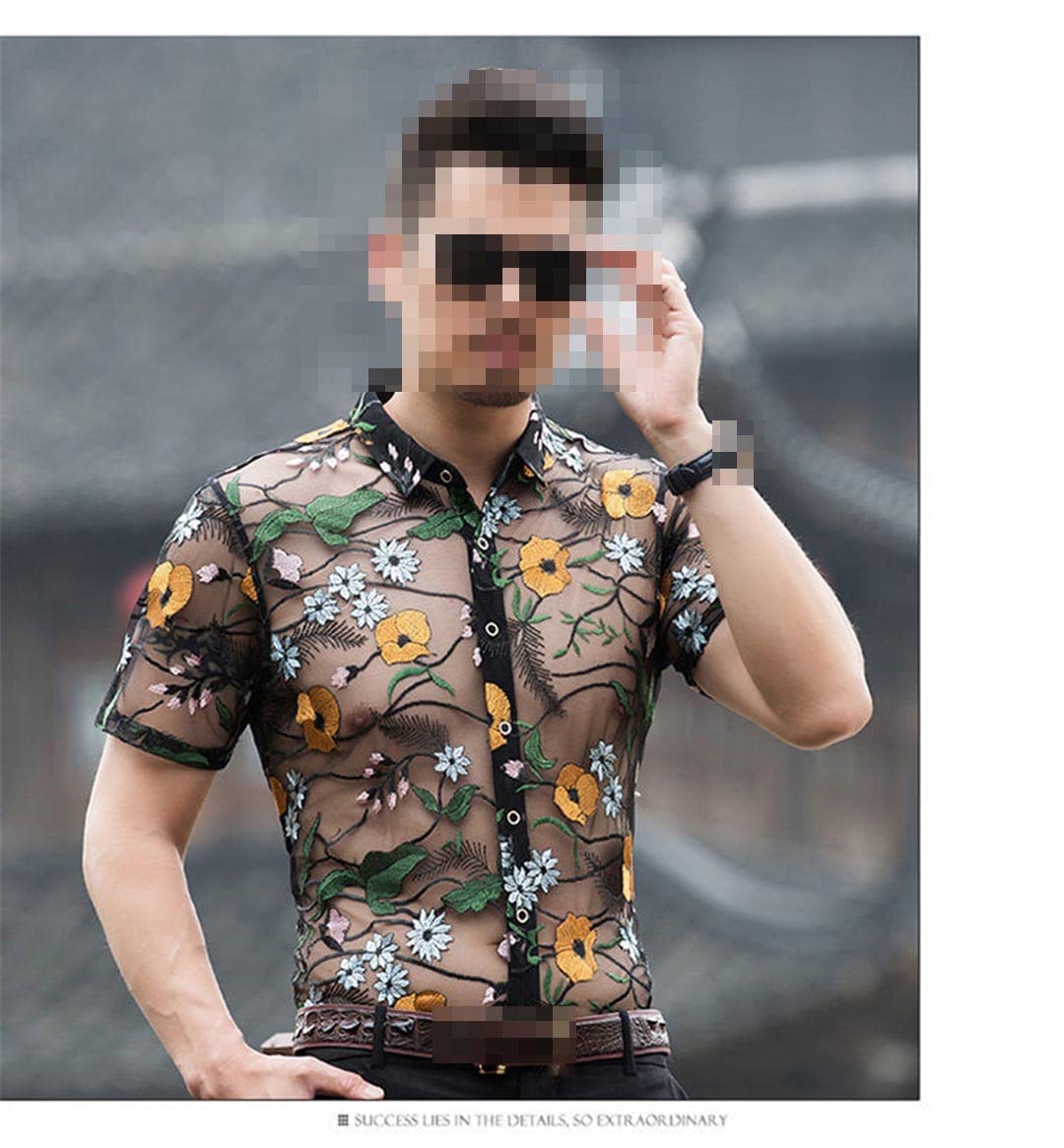Deepsko Herren Transparent Hemd Sommer Hohlnetz Blumen Stickerei Spitze Kurzarm Oberteil