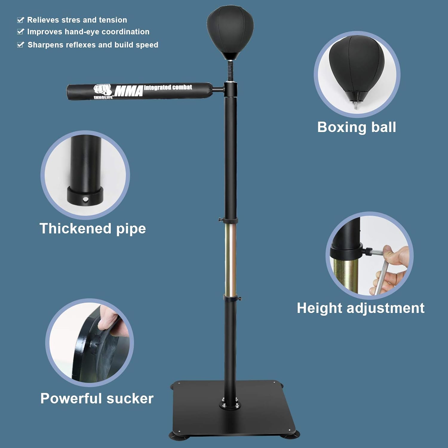 INNOLIFE Boxing Spinning Bar Heavy Duty Punching Speed Reflex Skills Training Free Standing Adjustable Height from 54"-71" - Image 3