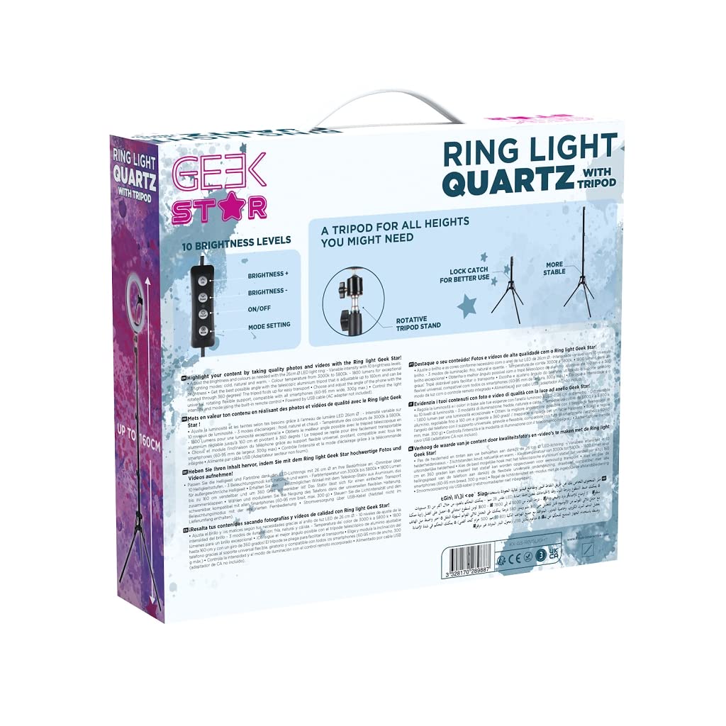 Konix Geek Star Anello luminoso con treppiede LED Ring Light Stand Quartz 26 cm per smartphone - Treppiede telescopico - Telecomando incluso