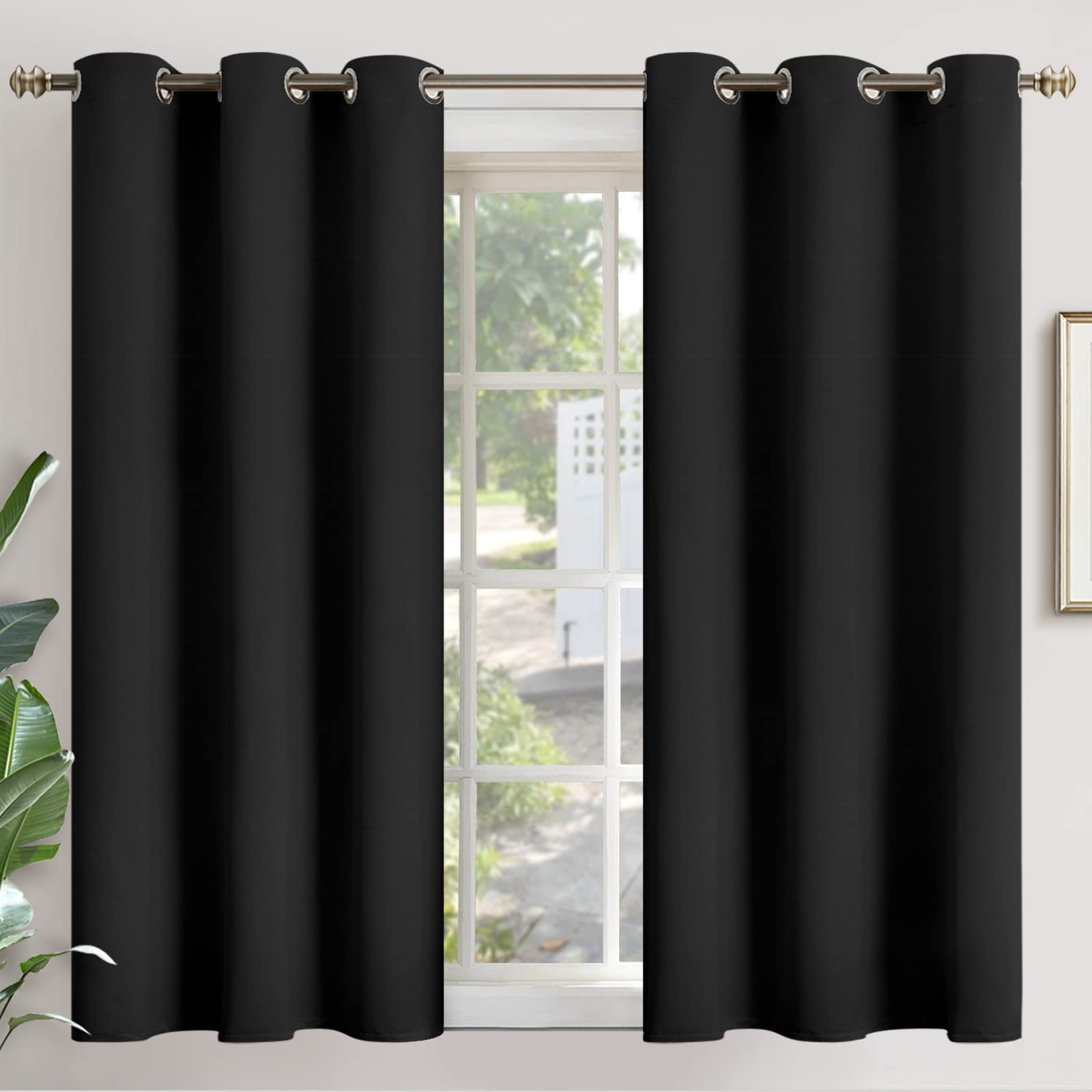 YoungsTex Black Blackout Curtains 45 Inches Long for Bedroom Kitchen Window - Thermal Insulated Drapes with Grommet Short Length Darkening for Bathroom Basement, 2 Panels, 42 x 45 Inch