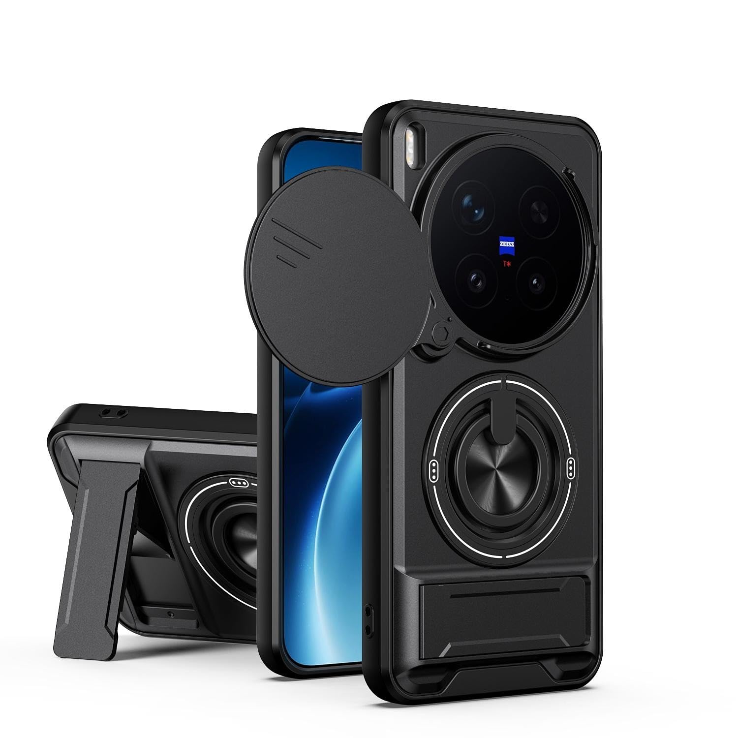 Back Cover for Vivo X300 Pro 5G | Armor Camera Slider 360 Degree Rotating Finger Ring Holder Case with Bracket Stand Back Case Cover | (Black)-image-21
