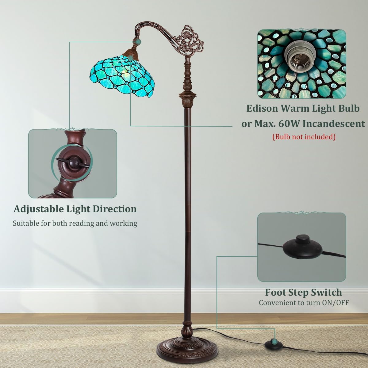 Capulina Tiffany Lamp Stained Glass Floor Lamp 62 Inches Tall Seagrass Blue Beads Soft Light Arched Adjustable Angle Tiffany Style Reading Floor Lamp for Living Room Bedroom Study Home Office