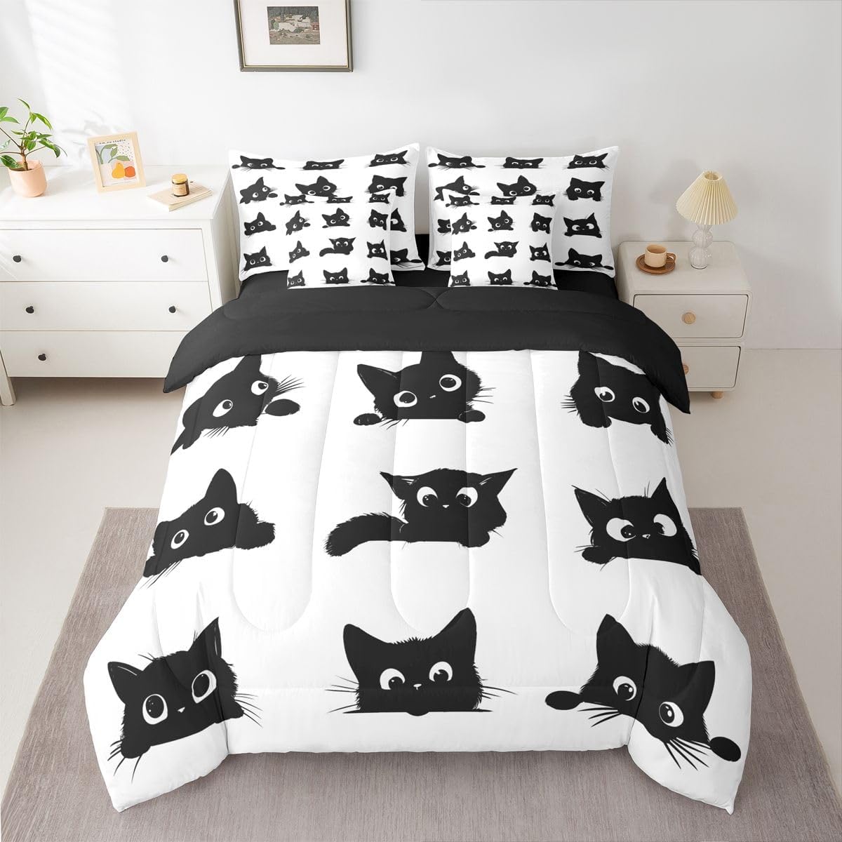 Cute Cat Queen Comforter Set for Kids Boys Girls (Black and White) - Funny Black Cats Bed in a Bag with Flat and Fitted Sheet Cartoon Kitten Animal 7-Piece Bedding Set Cute Cat Quilt Duvet Sets
