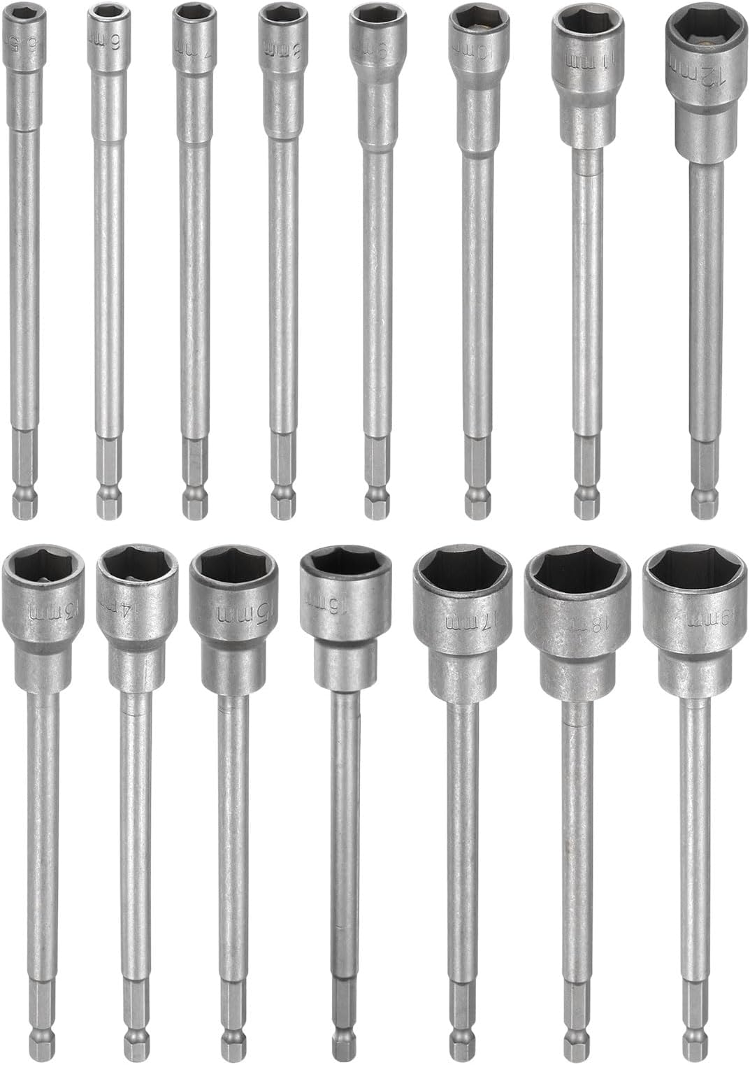 HARFINGTON 15pcs Nut Driver Drill Bit 5.5-19mm Metric Impact Socket 1/4" Hex Shank 6" (150mm) Extra Long Magnetic 6-Point Sockets Quick-Change CR-V Steel Bolt Setter for Power Drill Drivers