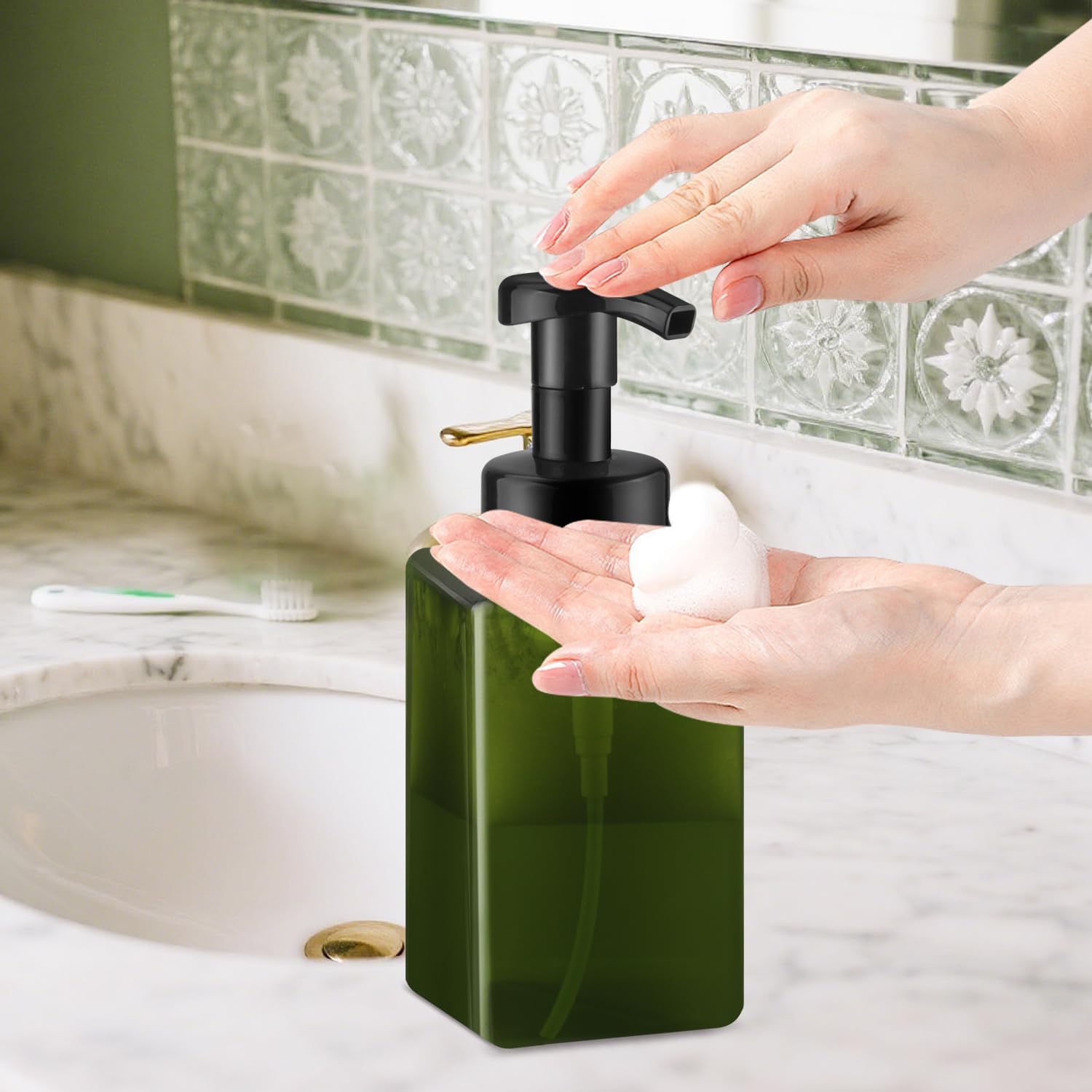3 Pack Foaming Soap Dispenser Empty Plastic Foam Pump Bottle Refillable Foam Soap Bottle Dispenser for Shampoo Liquid Soap Face Wash (Green, 450ml/15oz)