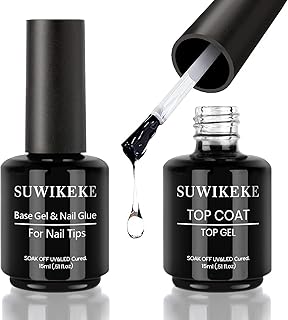 Nail Glue, Suwikeke 2 in 1 Gel Nail Glue Base Gel and No Wipe Top Coat Kit, 15ML Nail Glue Gel for Gel Nail Polish, Press ...
