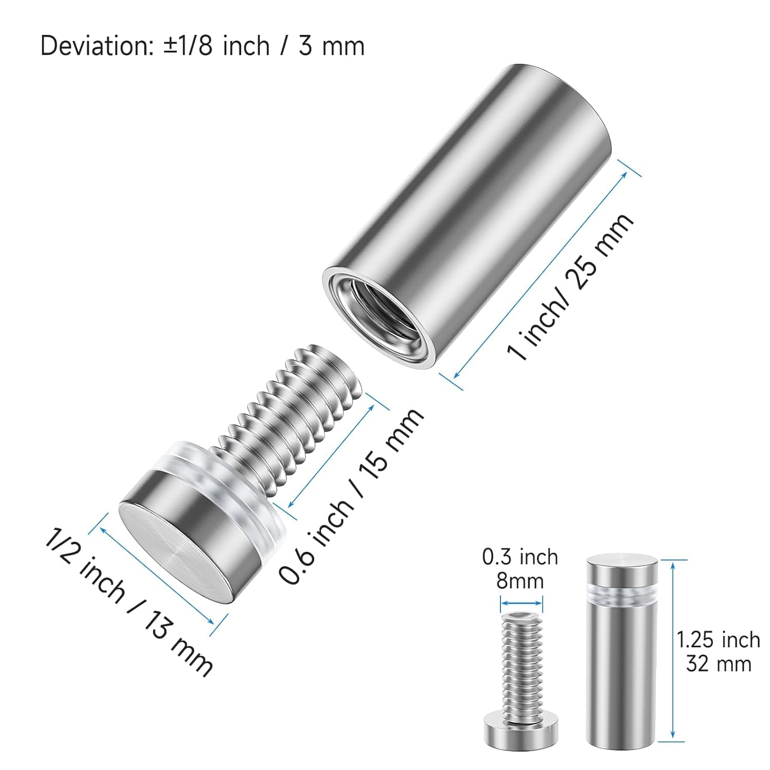 LuckIn 8 Pack Standoff Screws for Acrylic (1/2 in. Dia x 1 in. L), Stainless Steel Stand Off Wall Mounts Hardware for Sign Holder, Silver