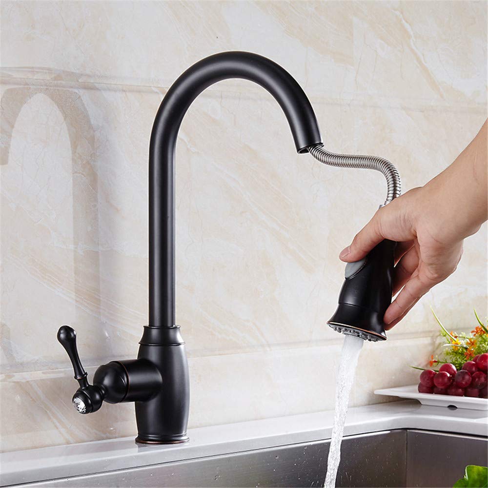 Orbe De Pintura Negro Grifo De La Cocina Caliente Y Un Mezclador De Agua Fría Grifos De Cocina Grifo Del Fregadero Sola Manija Con Cristalina Antigua Con La Cabeza De Ducha Extraíble