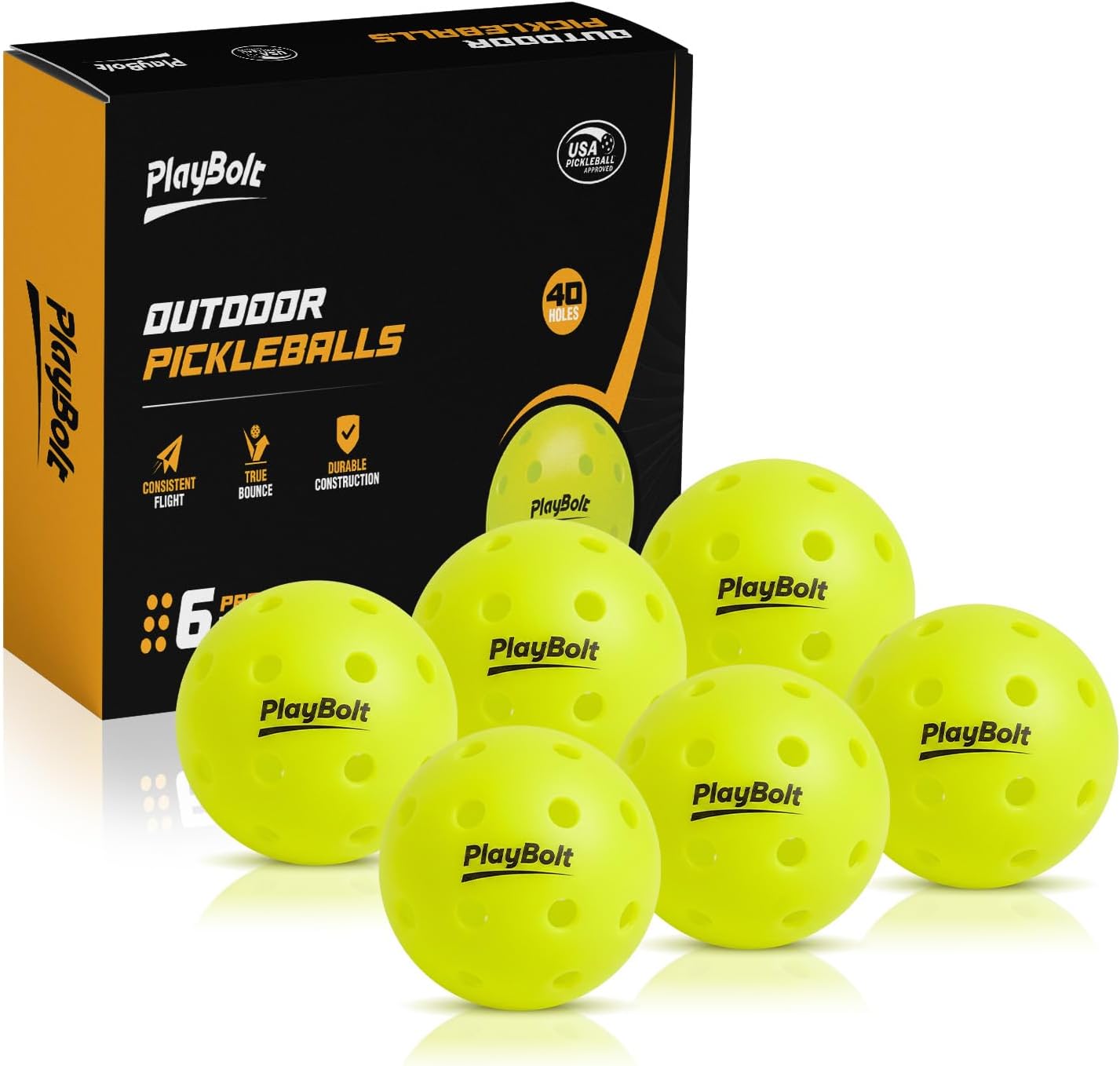 PlayBolt Outdoor Pickleball Balls, Premium Pickle Ball Set, USAPA Approved | Crack Resistant, 40 Holes, Consistent Bounce, True Flight, Official Specs: 26g 74mm, High Visibility Outdoor Pickleballs