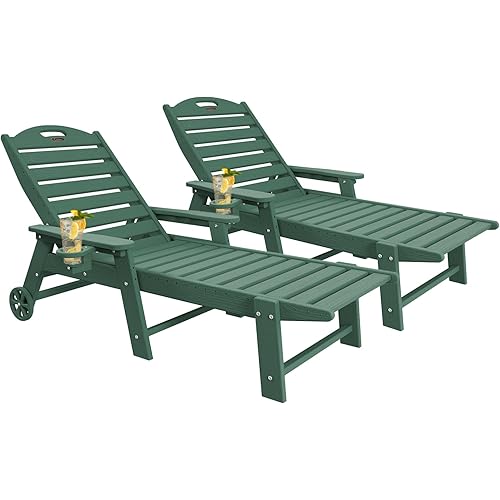 Chaise Lounge Chair Outdoor with Wheels Set of 2, Adjustable 5-Position Chaise Lounge Outdoor with Wood Texture, Patio Lounge Chair for Poolside Backyard, Green