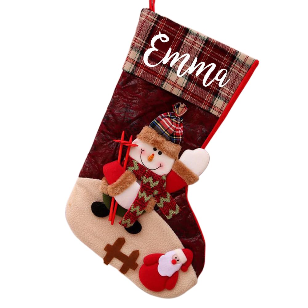Yopicks Personalized Name Christmas Stockings, 18” Large Cute Santa/Deer/Snowmen Design Buffalo Plaid Thick Custom Christmas Stockings for Family Kids Dogs Christmas Fireplace Decorations Gifts(1 pcs)