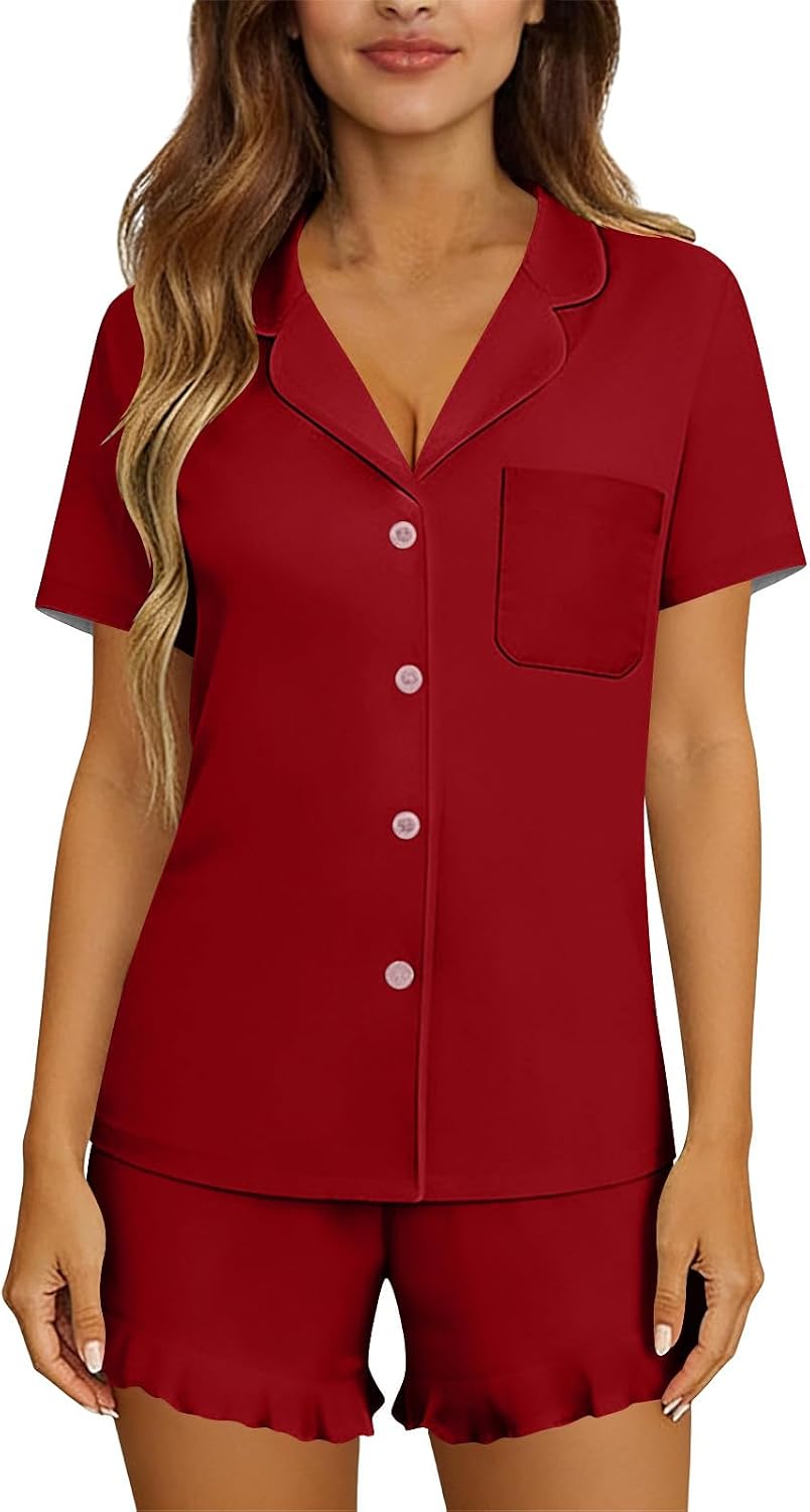 Womens Pajama Sets 2 Piece Casual Short Sleeve Sleepwear Button Down Shirts and Ruffle Hem Shorts Pjs Sets