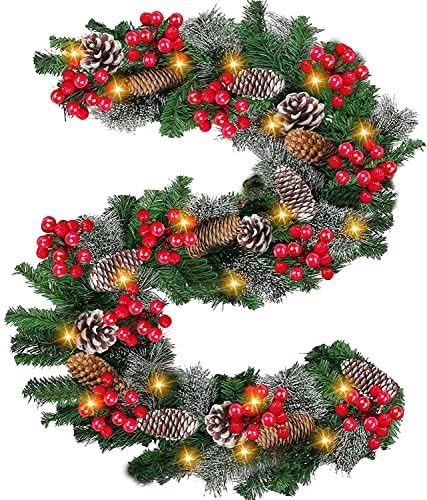 9 Ft by 10 Inch 80 LED Christmas Garland Decor Lights Timer 12 Flash Mode Thick 300 Snowy Tips 198 Red Berry 18 Pinecone Battery Operated Prelit Xmas Garland Decoration Mantel Home Indoor