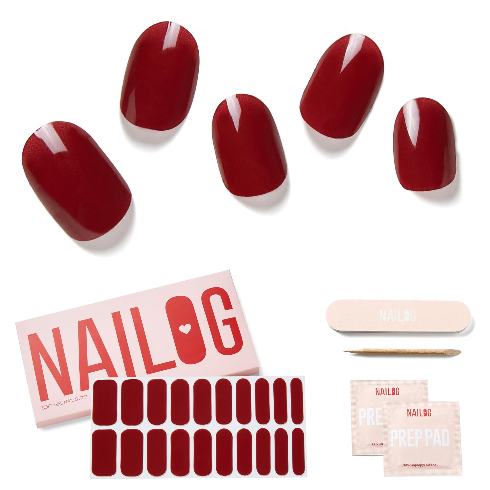 Nailog Rouge Noir Semi Cured Gel Nail Strips, 20 Pieces Extra Long Nail Polish Strips, Long Lasting Semi Cured Gel Nail Stickers With Soft Glossy Finish,