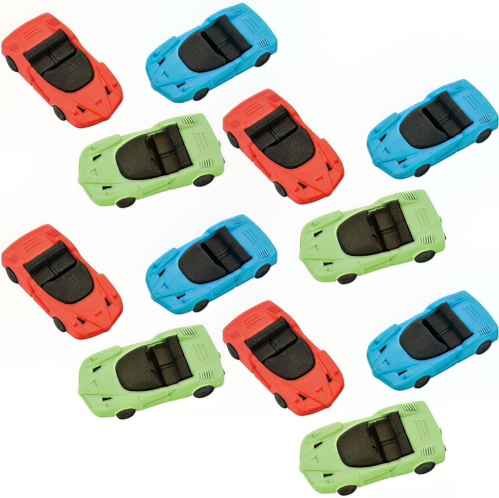 Fun Express Race Car Erasers - Fun & Colorful Stationery for Kids - Perfect Pencil Accessories for School Classroom & Homework - Unique Design - Ideal for Party Favors & Gift Bags - 12 Pieces