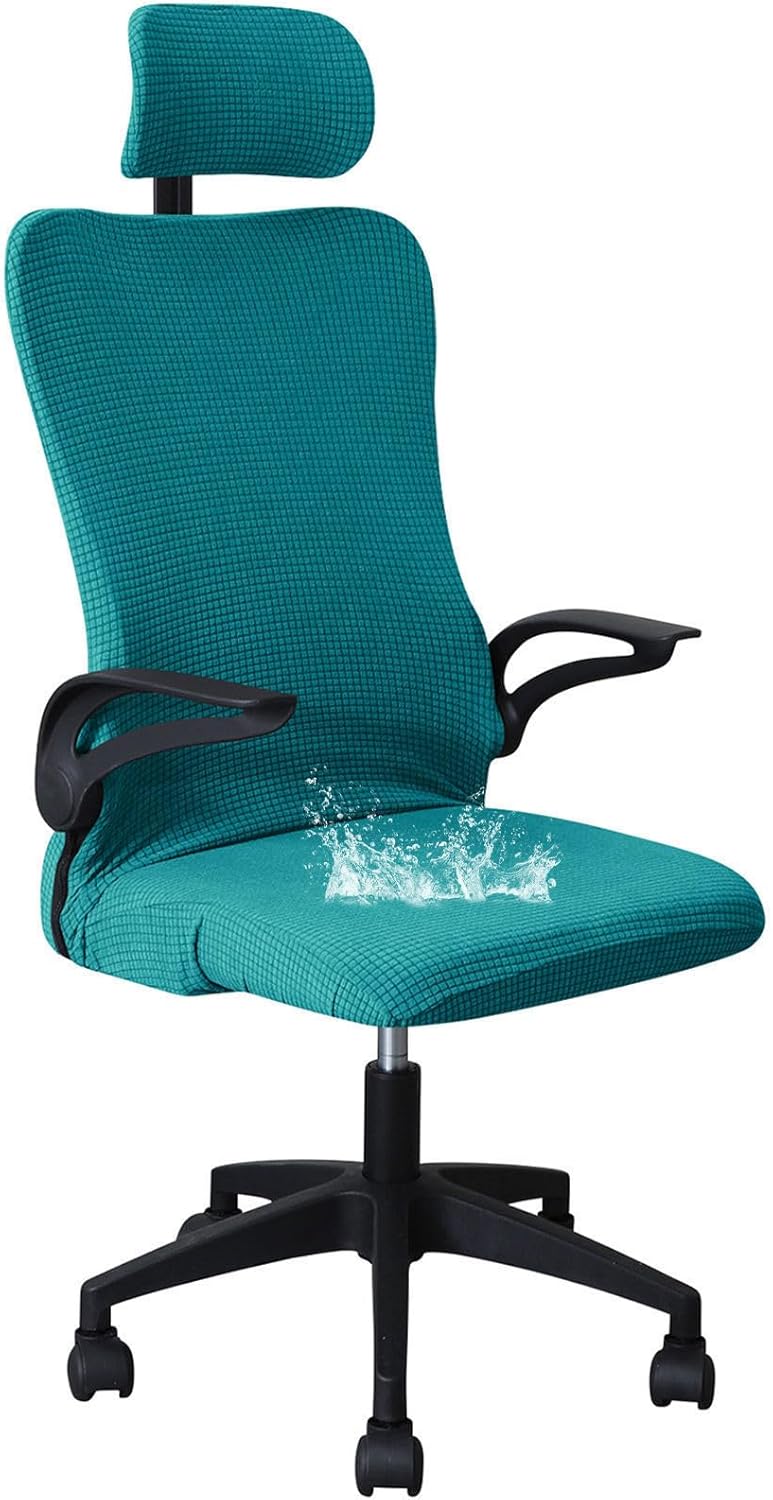 Ergonomic Office Chair Cover, Water Resistant Desk Chair Cover with Headrest Cover Stretch Computer Chair Slipcover Removable Washable for Office Executive Chair-Turquoise-2 Piece
