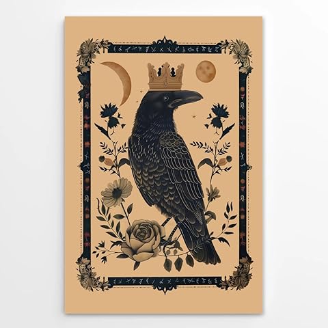 Vintage Mystical King Raven Wall Art Retro Gothic Crowned Bird Dark Academia Poster Occult Witchy Flowery Spiritual Print for Tarot-Inspired Bedroom Living Room Decor 12x18inch Unframed