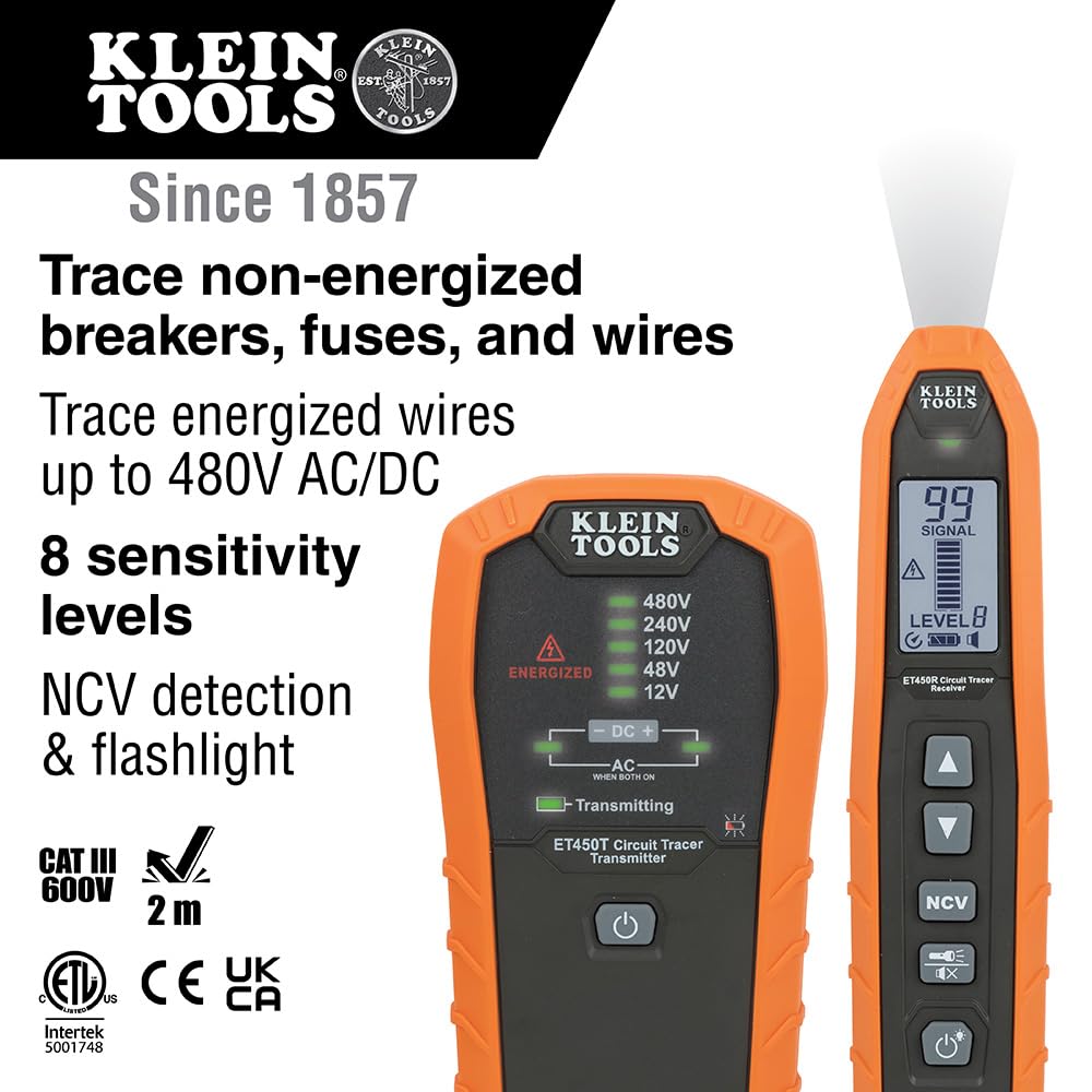 Klein Tools ET450EU Leitungssuchgerät Kabelsuchgerät Set | Stromkreisfinder für Sicherungen & Leitungen | 12–480 V AC | NCV Spannungsprüfung | CAT III 600 V | Mit Koffer