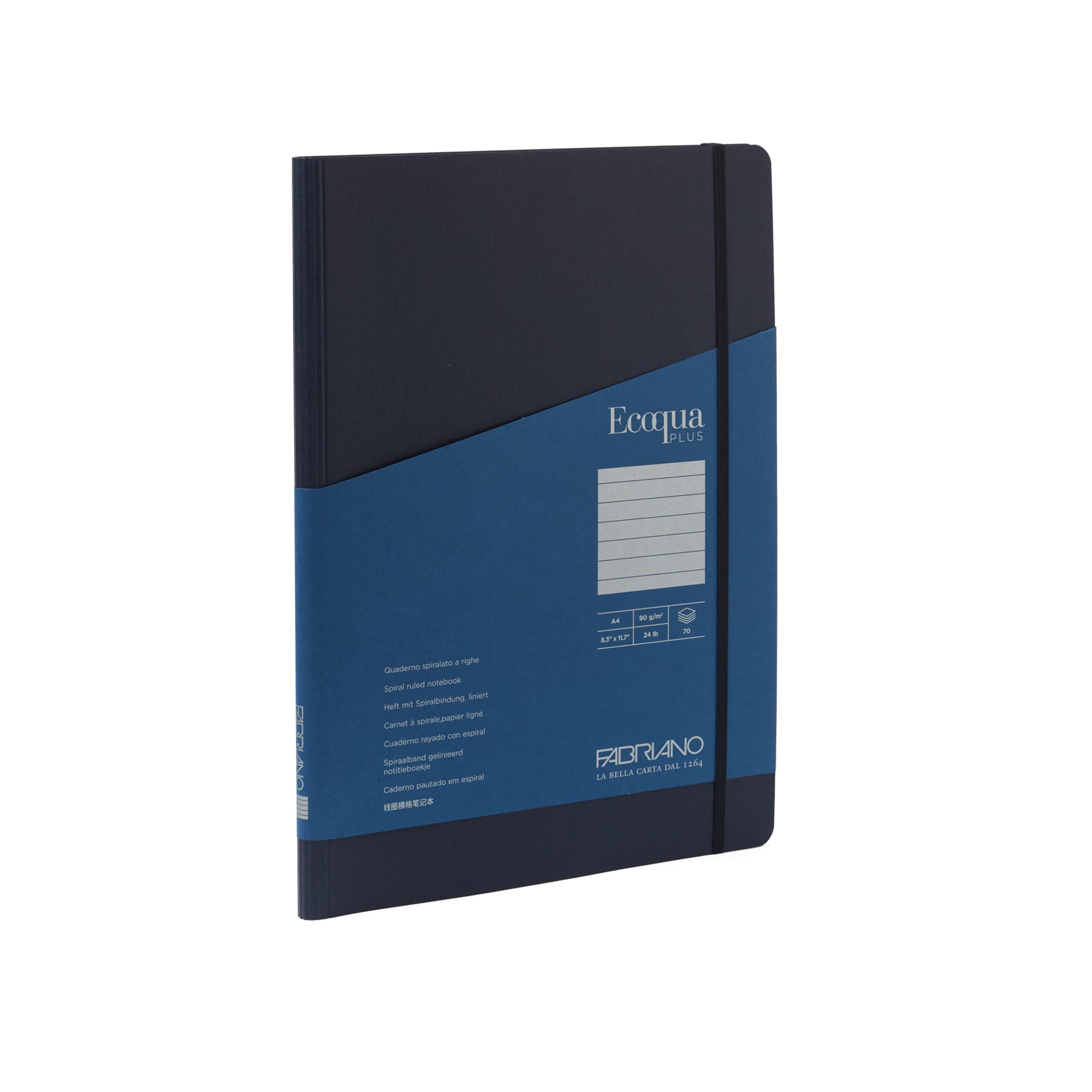 Fabriano Ecoqua Plus Hidden Spiral-Bound Notebook, 8.3" x 11.7", A4, Lined, Navy
