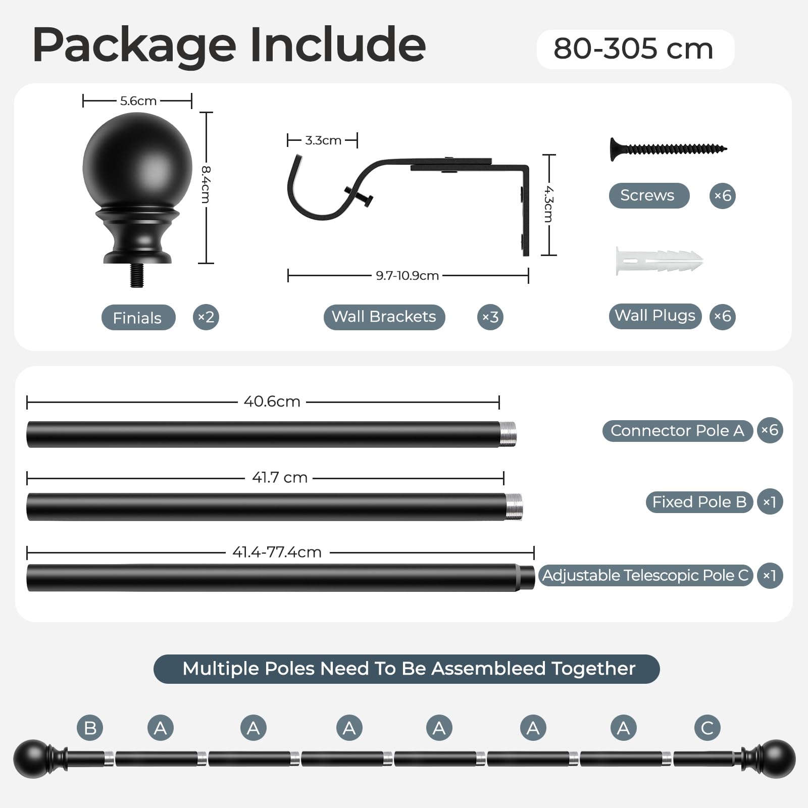 Tringle à rideaux à œillets extensible Noir 25 mm 80-305 cm | Tringles à rideaux robustes, charge de 15 kg, tringle à rideaux intérieur/extérieur, support mural/plafond, supports inclus
