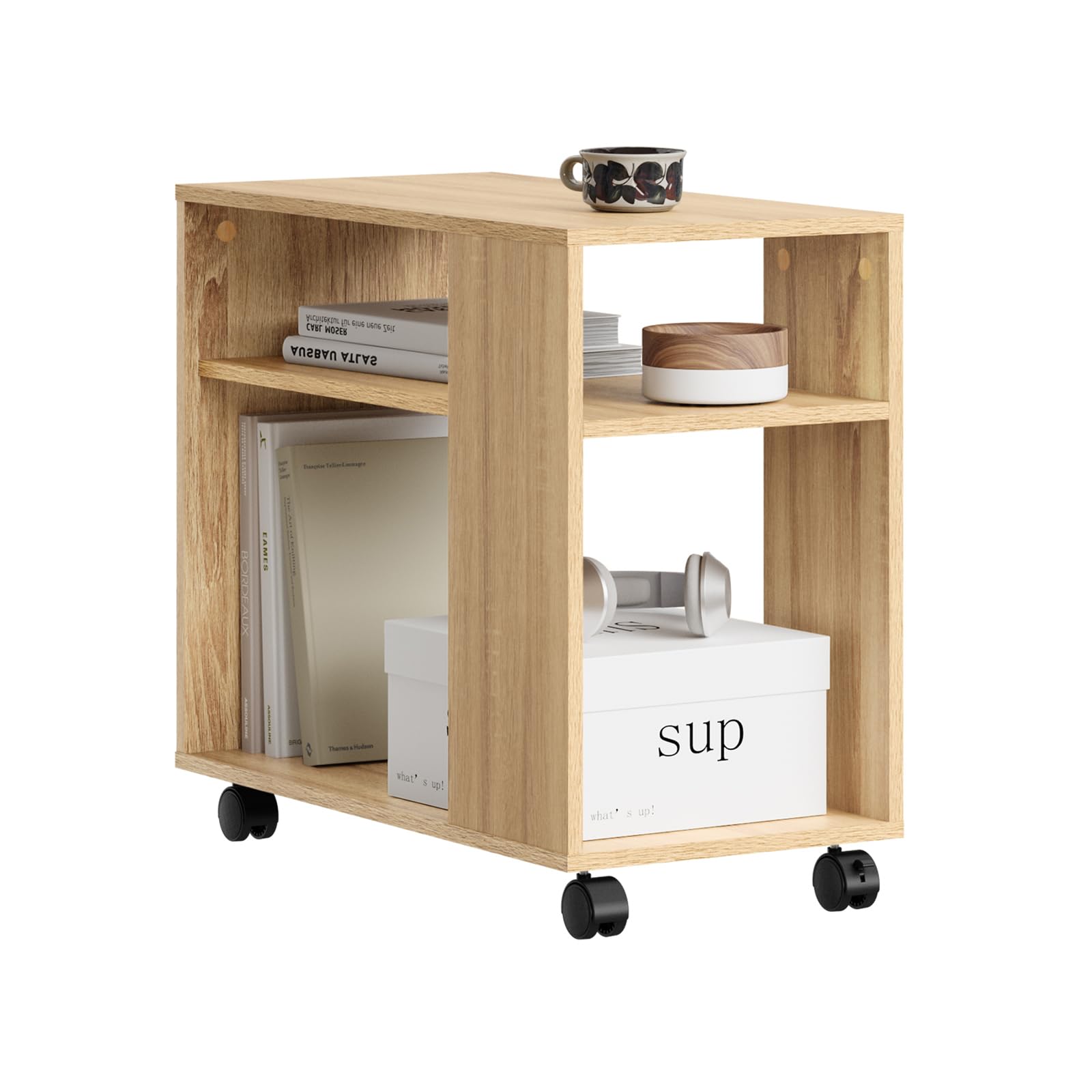 SoBuy Tavolino con rotelle, Tavolino rotante a 2 livelli con ripiani, Libreria mobile per soggiorno, camera, ufficio, L70 x P35 x H60cm Naturale FBT34-N