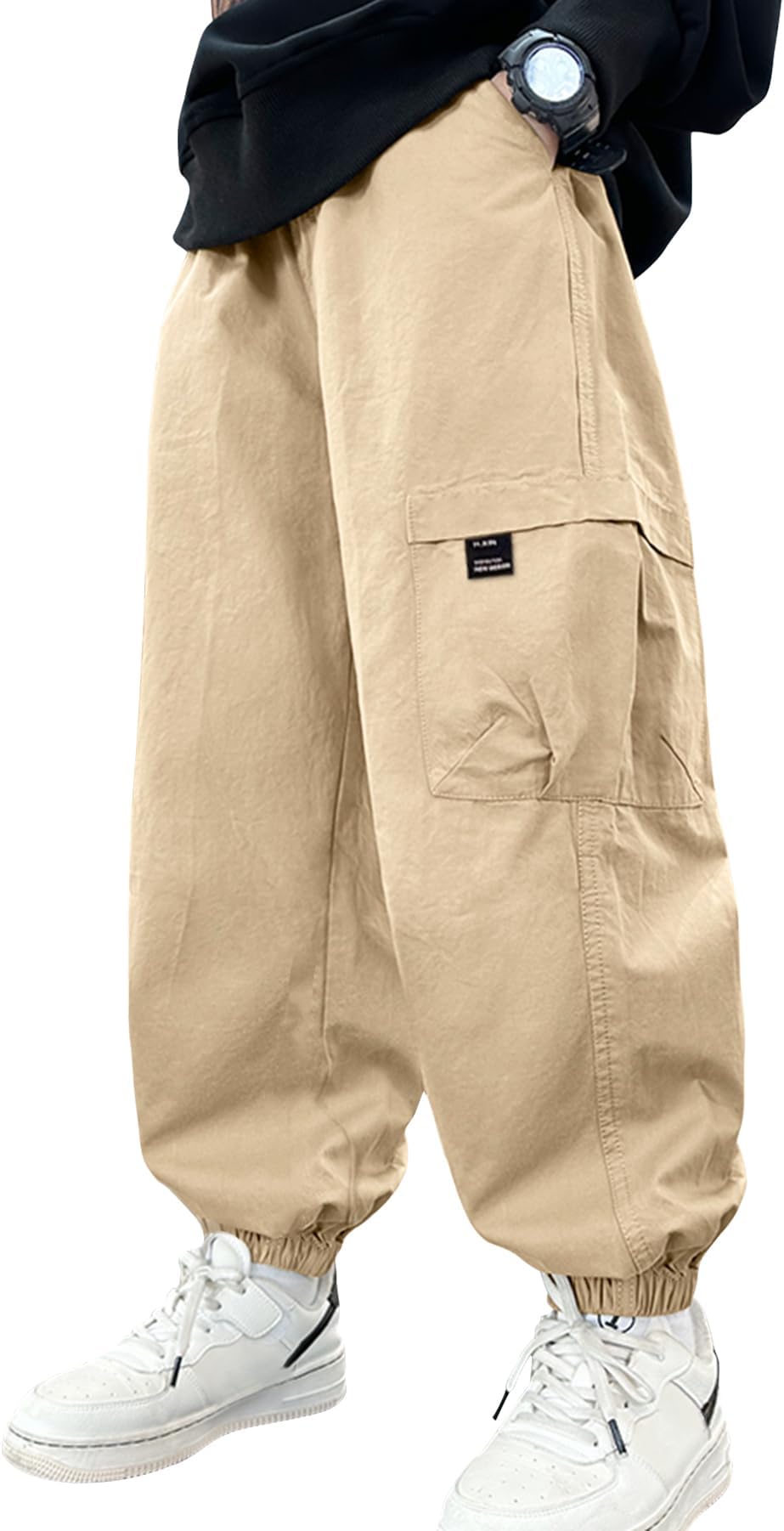 Boys Baggy Cargo Pants Cotton Blend Multiple Pockets Comfortable Breathable Soft Everyday Wear for School Outdoor Sports Autumn Fashion Trendy Casual Loose Kids Trousers 5-13 Years