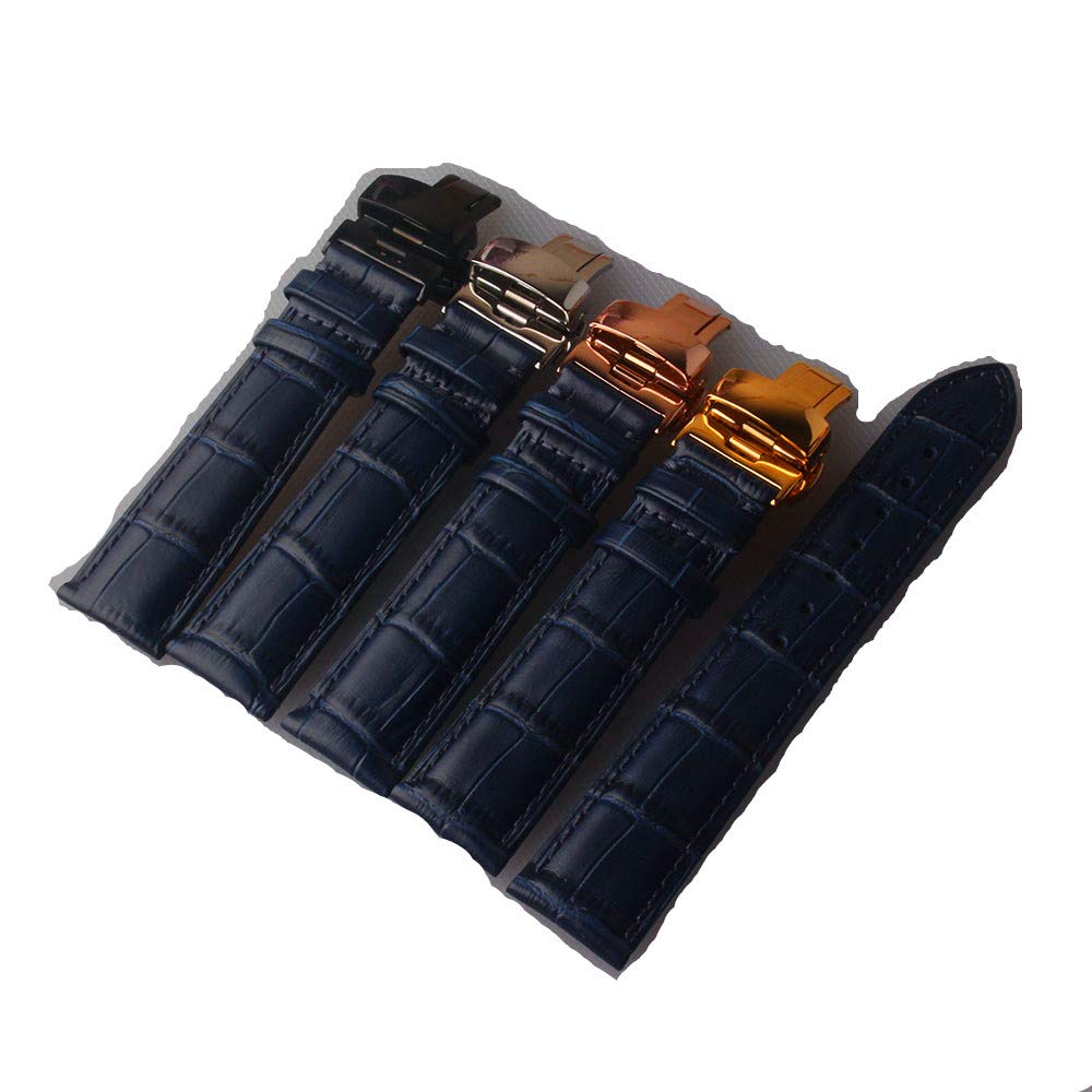 New Genuine Leather Dracelet Dark Blue Watch Straps with Butterfly Clasp 12/13/14/15/16/17/18/19/20/21/22/23/24mm Watch Band Replacement (24mm, Blue with Black Buckle)