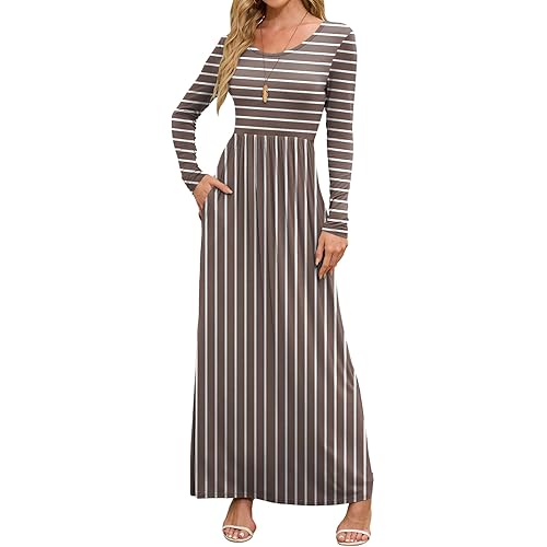DEARCASE Women's Maxi Dress Long Sleeve Crewneck Loose Plain Casual Empire Waist Fall Party Long Dresses with Pockets