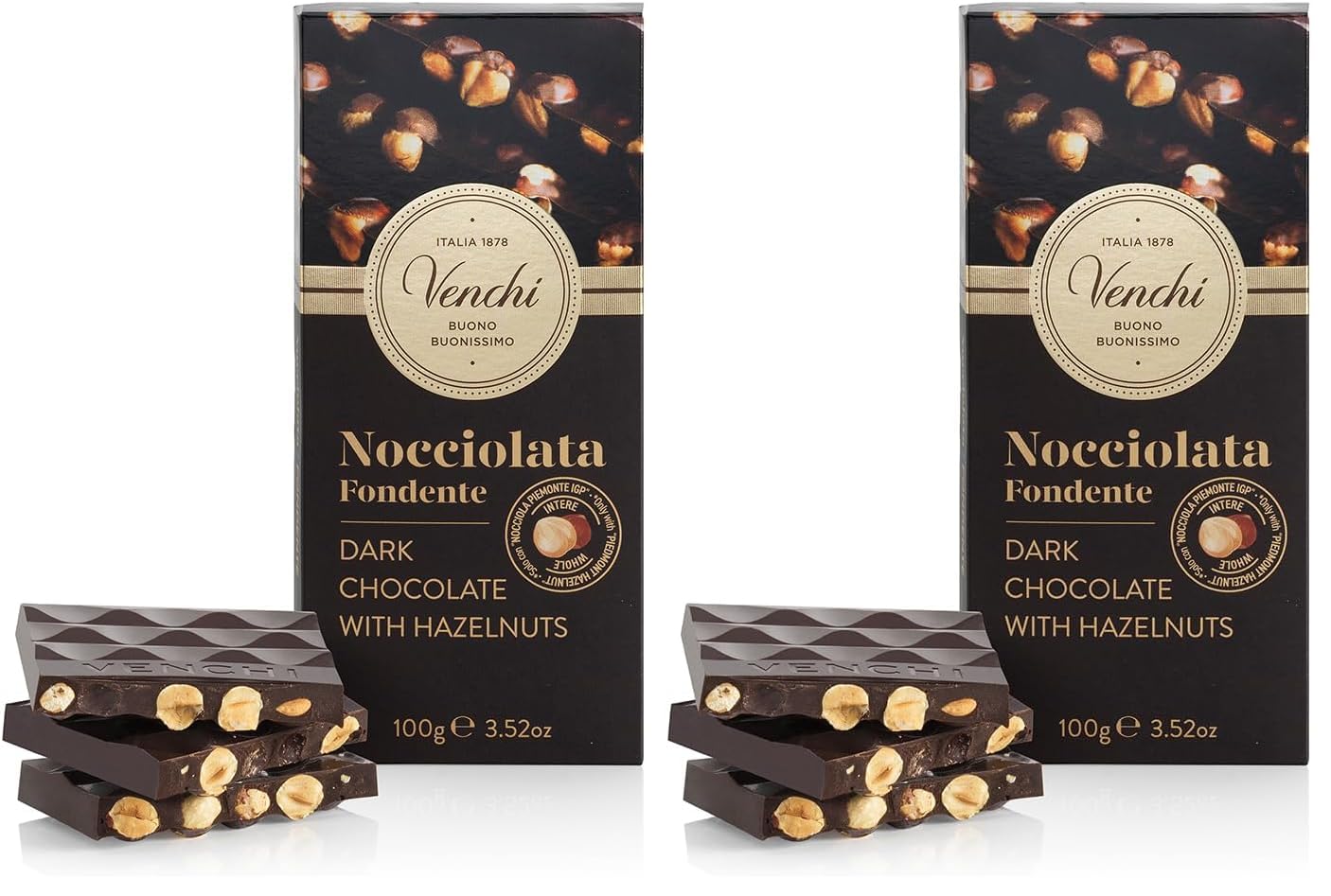 Venchi - Dark 60% Chocolate Hazelnut Bar with Whole Piedmont Hazelnuts, 3.52 oz - Gluten Free - Vegan (60% Dark) (Pack of 2)