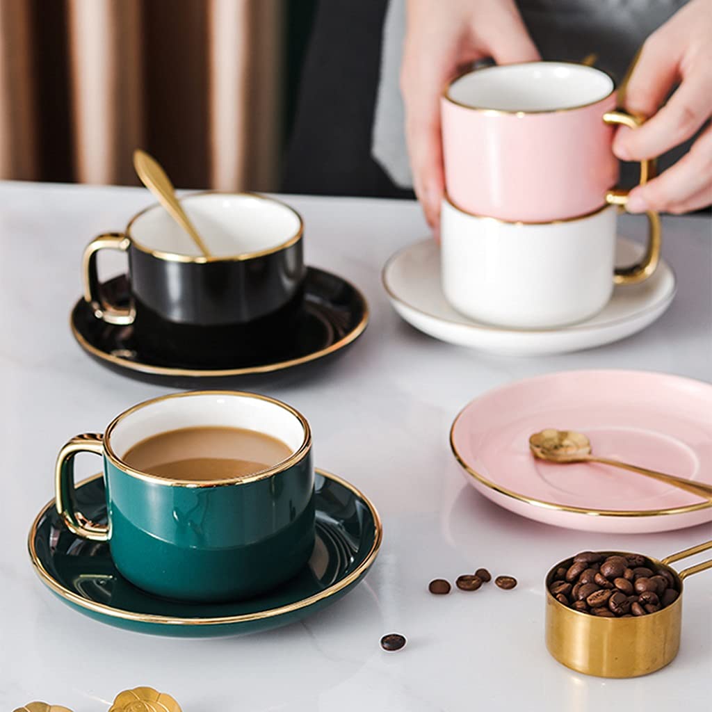 Taza de Porcelana Fina, Taza de Porcelana y Conjunto de Platos, Taza de café, Negro, 8,5 onzas para Bebidas de café, café con Leche, café, Moca y té, Taza de té de Mano Dorada con platillo