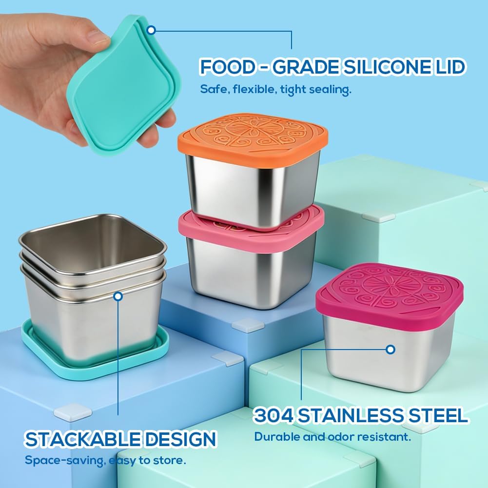 YQL 12-Pack 6oz Square Stainless Steel Snack Containers and 2oz Salad Dressing Containers, Reusable Food Storage with Colorful Silicone Lids for Travel, Meal Prep, Portion Control - Image 3