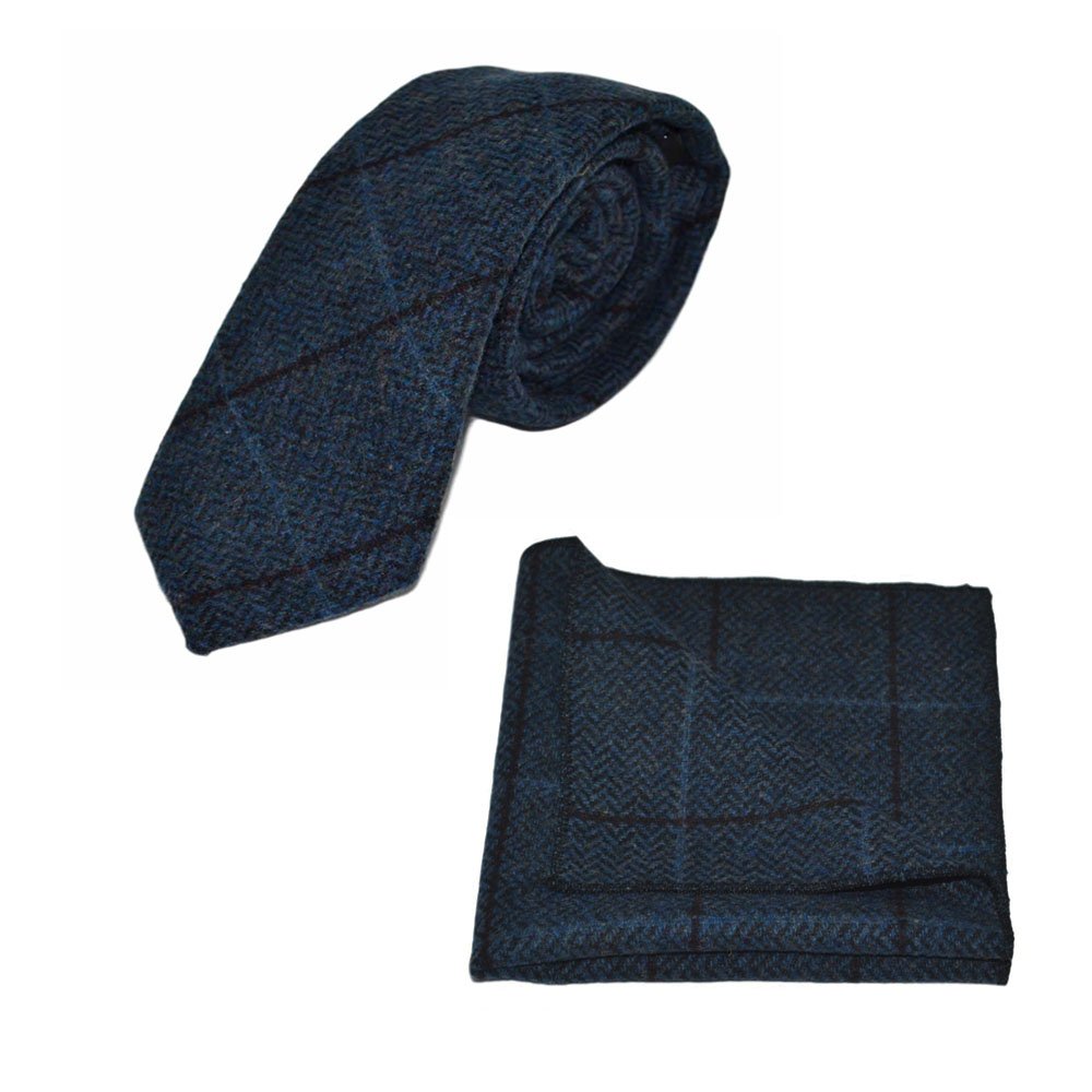 King & Priory Blue Luxury Aegean Herringbone Check Tie & Pocket Square Set, Tweed