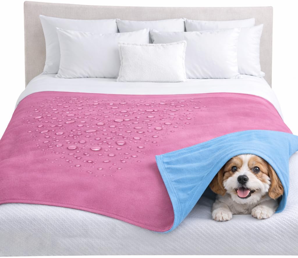 Premium Deluxe : 100% Waterproof Blanket Guarantees to Keep Your Bed Dry! Crinkle-Free Ultra-Soft Fleece Furniture Protector for People Kids Pets. EZ Wash/Dry Pink/Blue Reversible 80x60