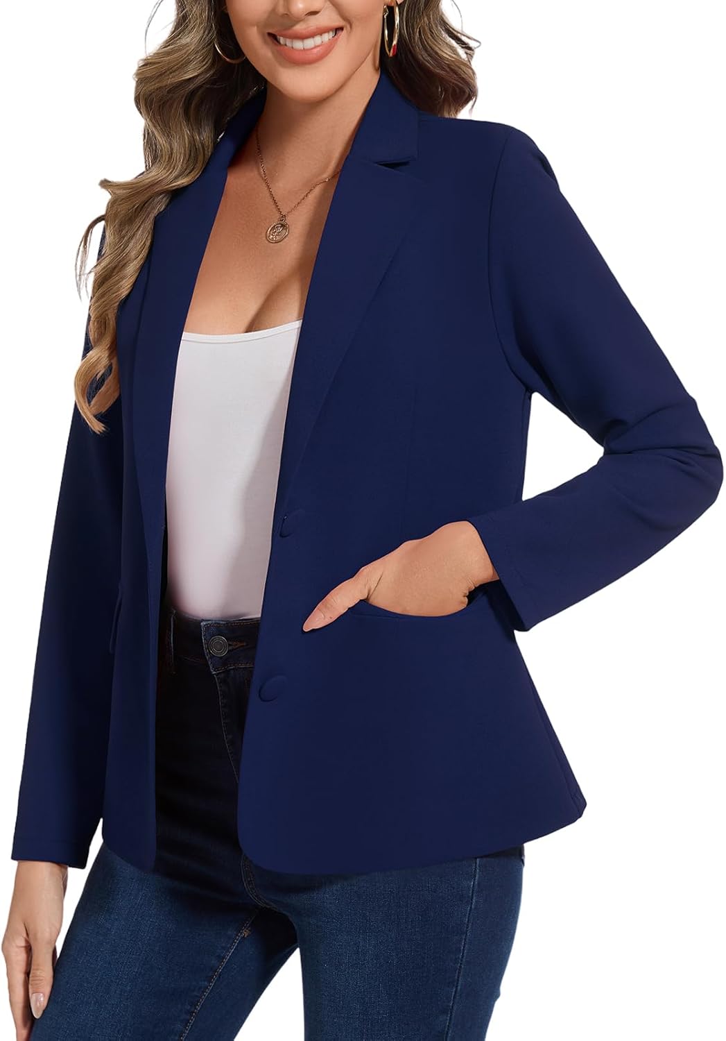 MINTLIMIT Womens Blazer Button Front Notched Lapel Suit Jackets Lightweight Pocketed Long Sleeve Blazers for Bussiness Casual (Navy Blue L)