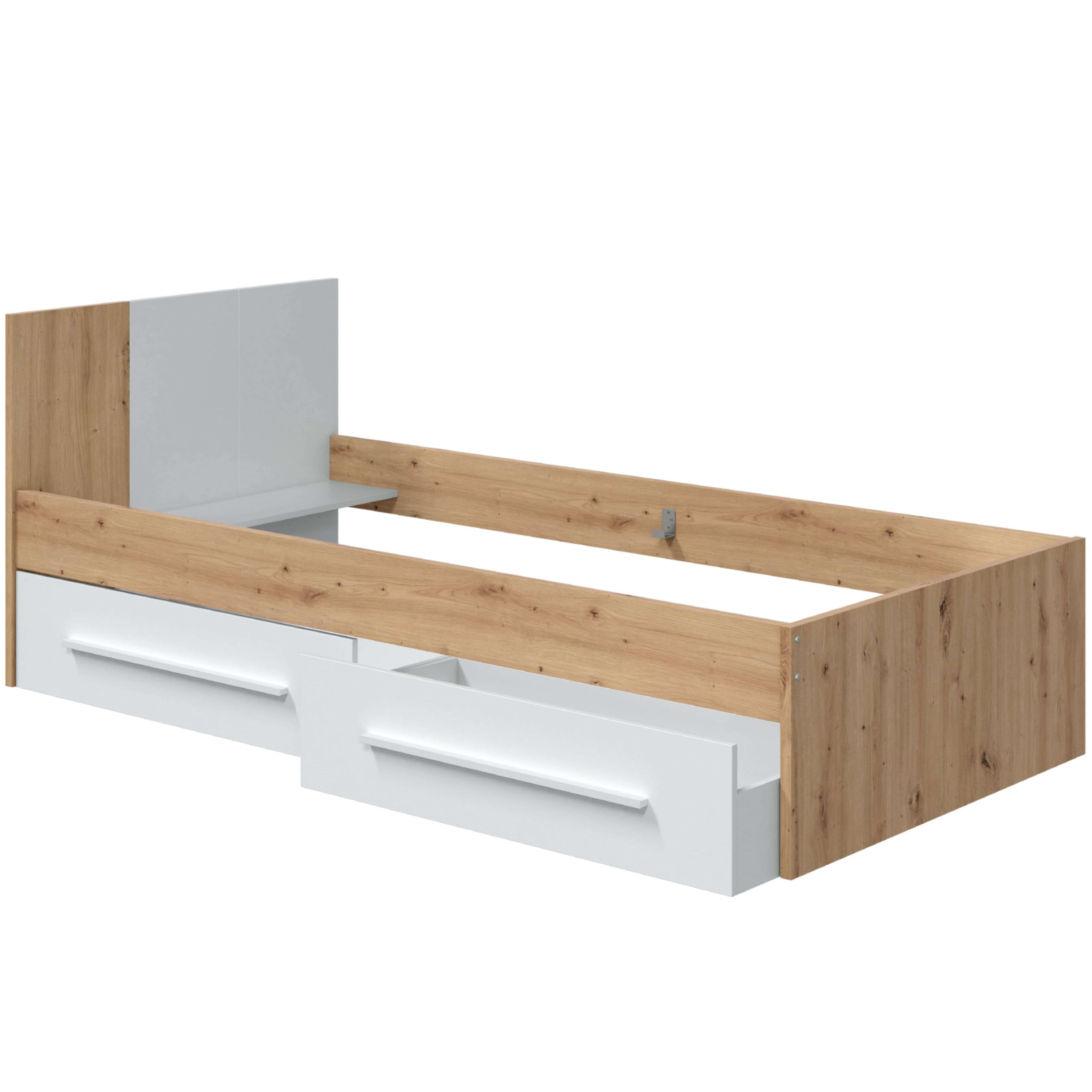 Letto singolo con 2 cassetti, letto giovanile, letto per bambini, modello Noa, finitura in bianco Artik e rovere odi, Dimensioni: 196 cm x 97 cm (larghezza) x 77 cm (larghezza) x 77 cm (altezza)