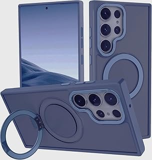 جراب موبايل بظهر شفاف غير لامع مع حامل حلقي مغناطيسي غير مرئي، متوافق مع ماج سيف، للحماية من السقوط بتصميم عسكري نحيف للرجال والنساء، لموبايل سامسونج جالاكسي S23 الترا، أزرق