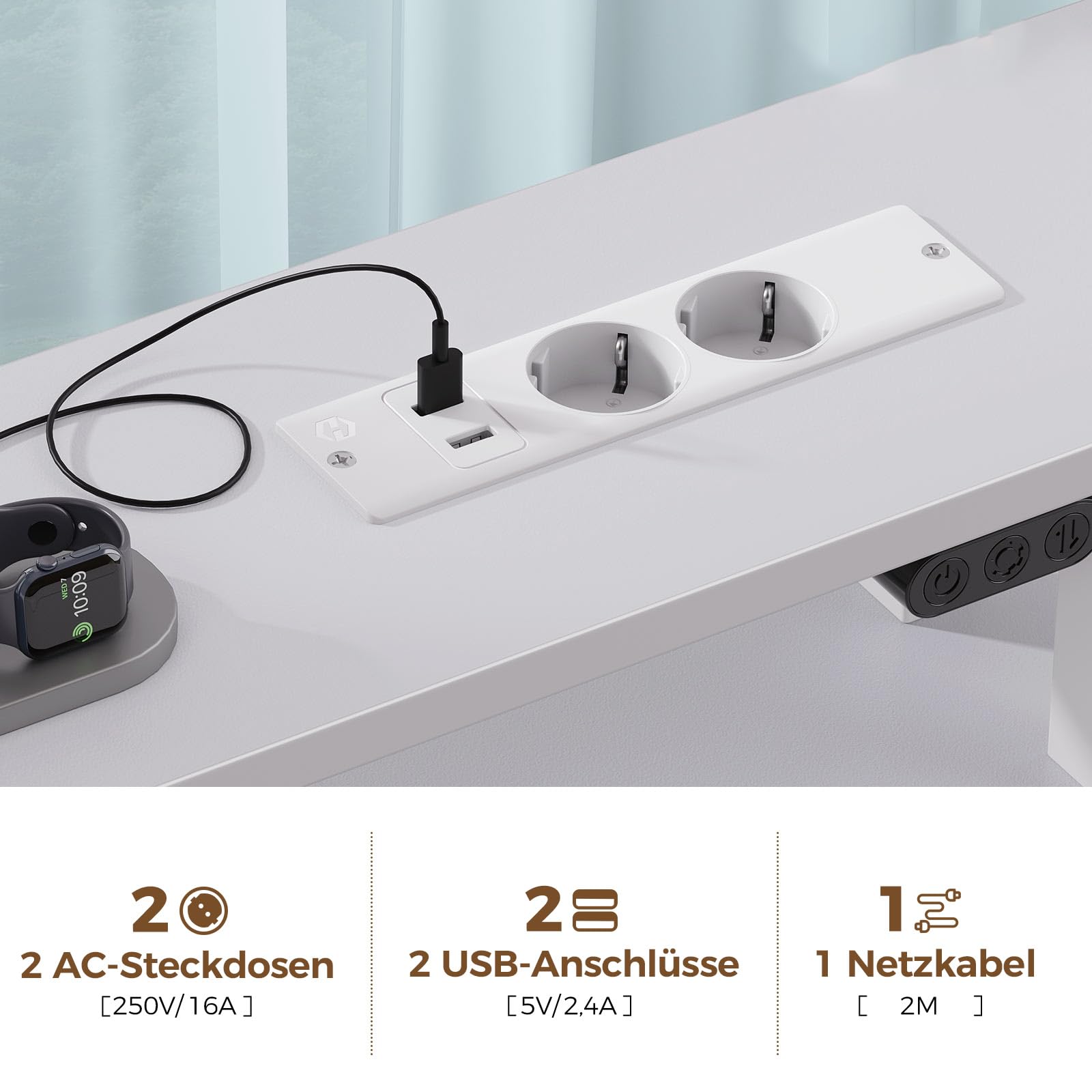 Rolanstar Schreibtisch mit Schubladen, 120x47cm Gaming Tisch mit Steckdose, LED & Monitorständer, Computertisch mit Tastaturablage, Gaming Schreibtisch für Home Office, Büro, Wohnzimmer, weiß