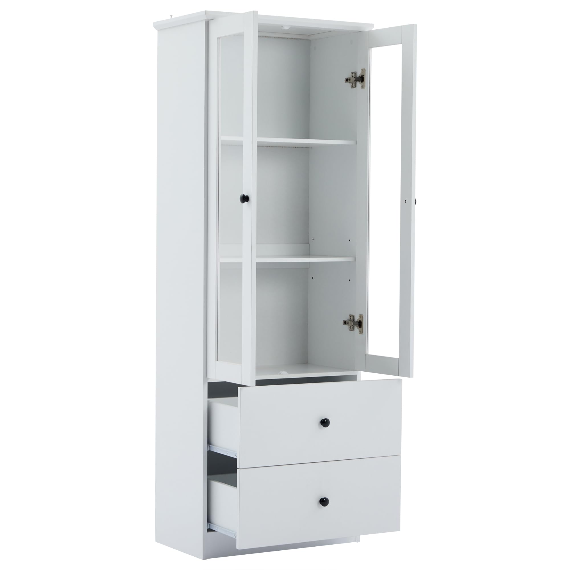 Merax Vitrina con luces LED, vitrina de cristal con cajones y estantes ajustables, moderna vitrina para libros, vitrina de colección, armario alto para cocina, salón, dormitorio, oficina, color blanco