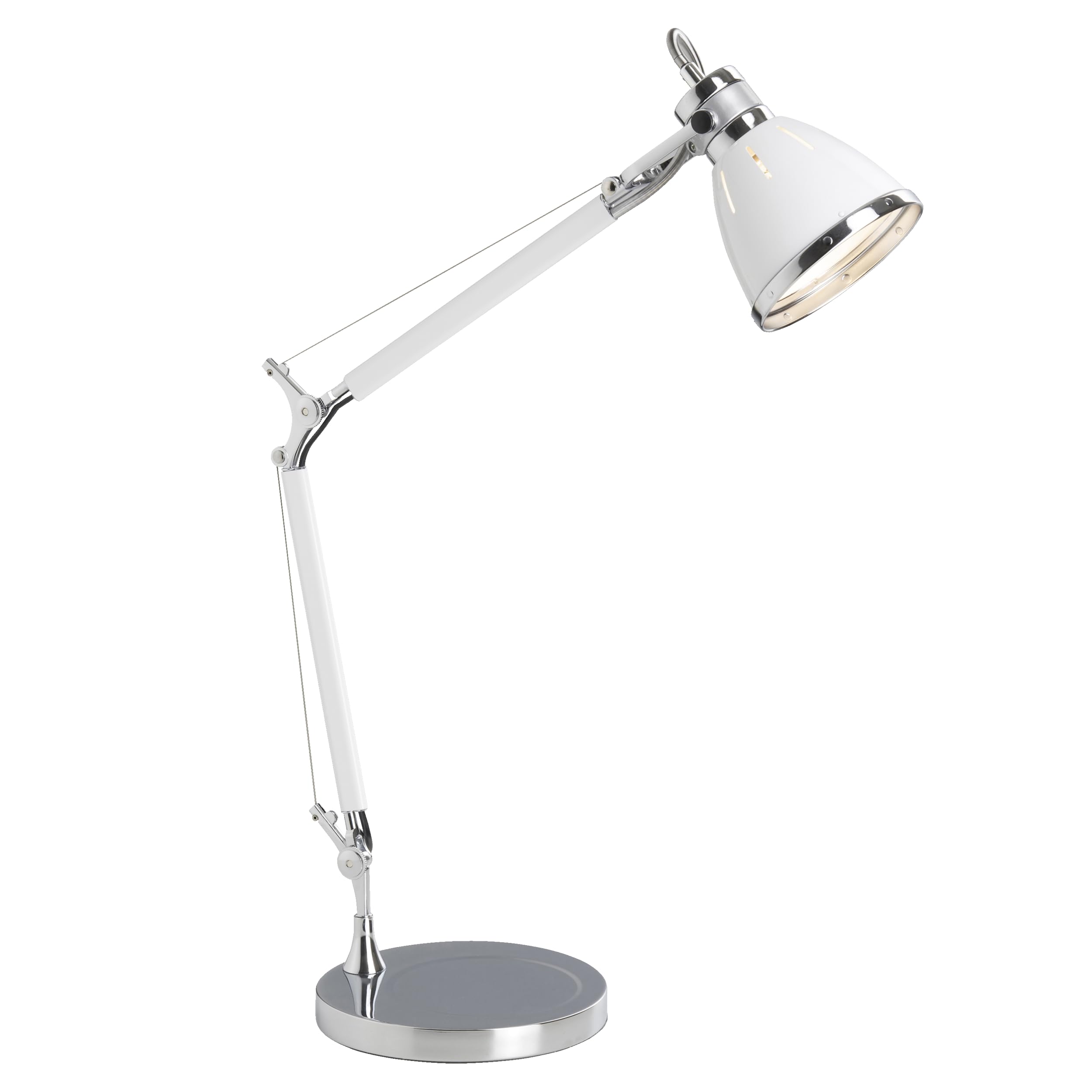 Lightbox Basic Schreibtischlampe - 48 x 50 cm, Ø 21 cm - funktionale Tischleuchte mit schwenkbarem Kopf & einstellbare Gelenke & Schalter - E27, max. 40 W - aus Metall - in Chrom/Weiß