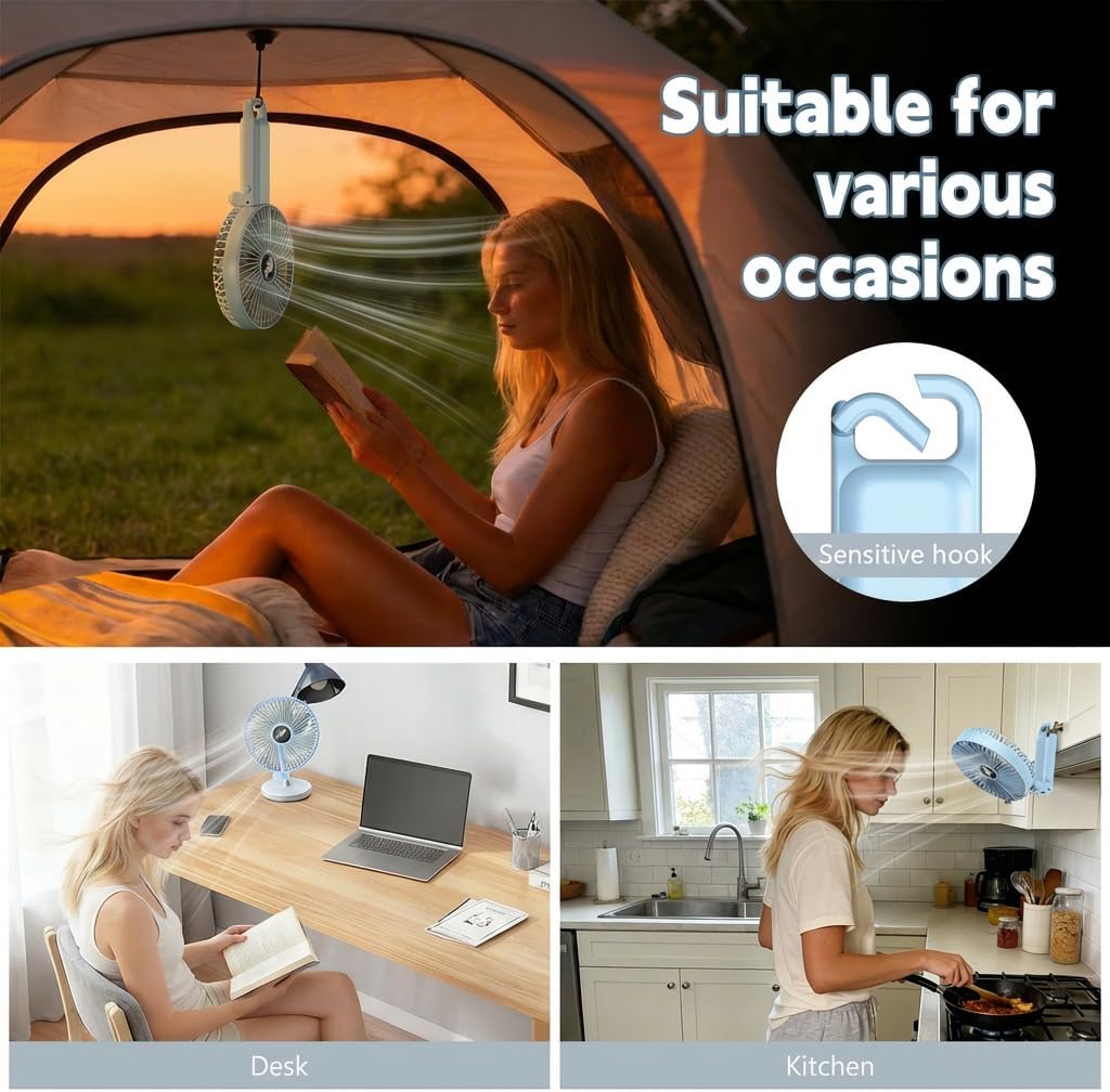  6 Inch Large Handheld Fan with LED Display, 180° Foldable Personal Fan [Strong Airflow], 5 Speeds USB Rechargeable Battery Operated Portable Desk Fan with Hook for Travel, Office, Camping thumbnail