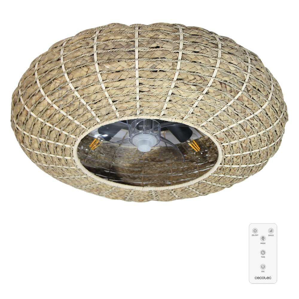 Cecotec Ventilador de Techo con Luz de diseño EnergySilence LampAero 650 Natural Wicker motor DC 20W, Luz LED, 5 aspas de 11 pulgadas, control remoto, 3 velocidades, temporizador y modo winter/summer