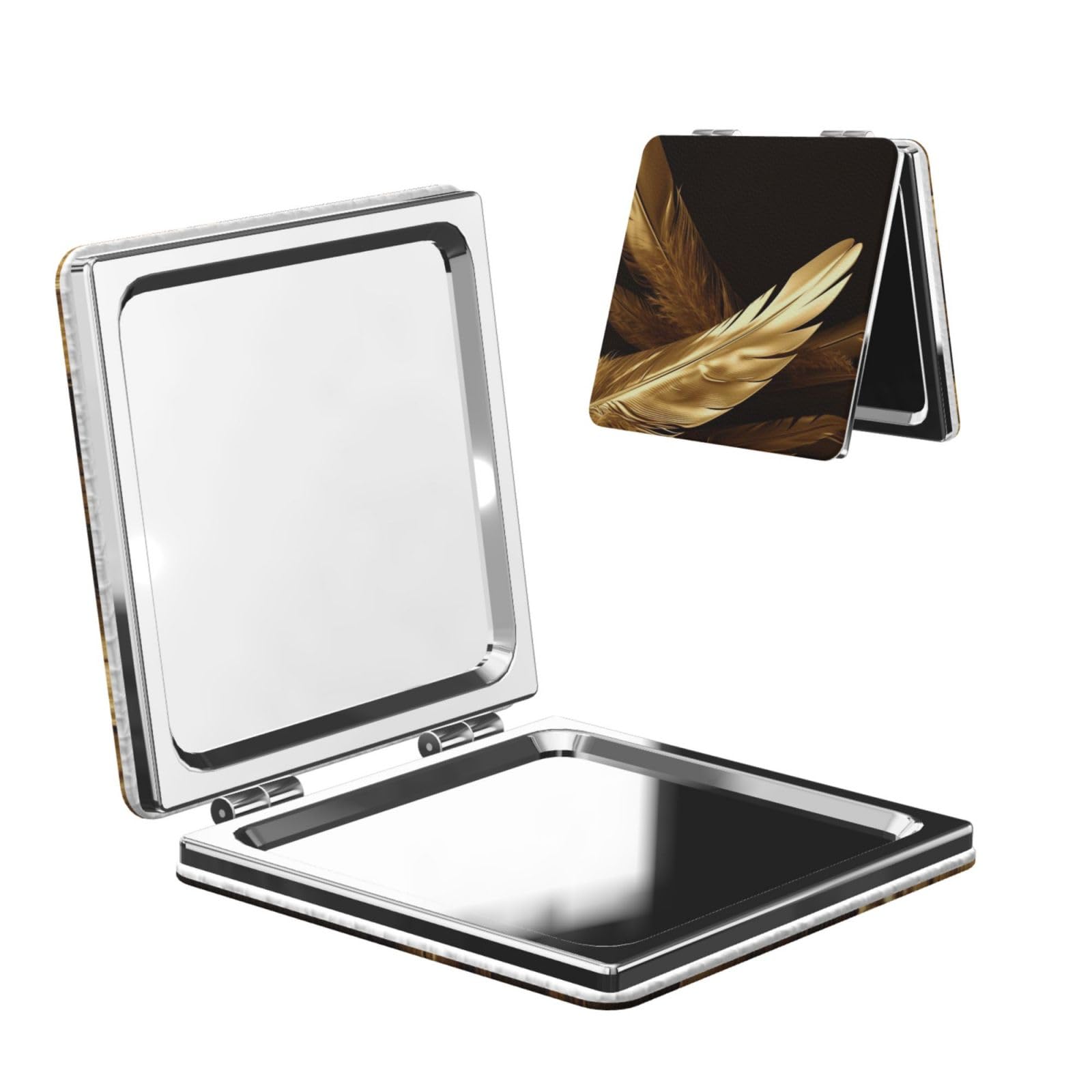 DWVTSLH Golden Feathers Compact Mirror for Purse, Double-Sided 2X/1X Magnifying Mirror for Women Men, Travel Makeup Mirror for Handbag, Handheld Vanity Mirror for Gift
