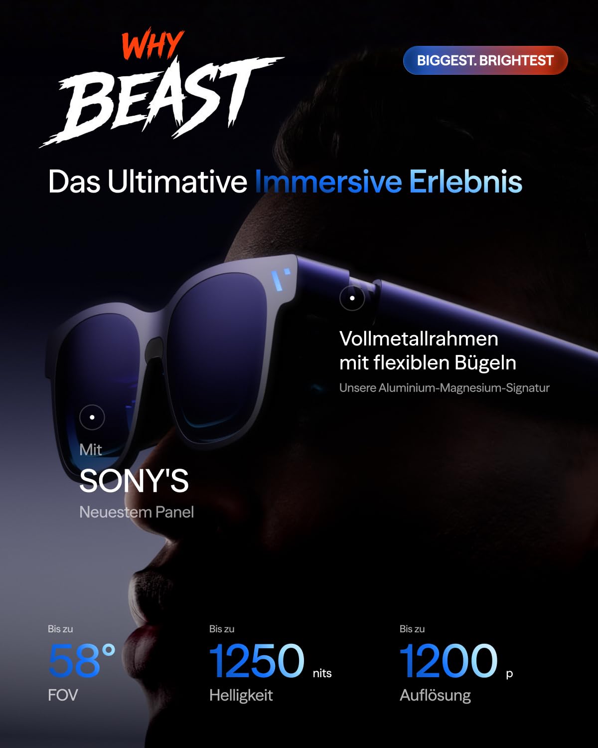VITURE Beast AR-Brille, 174" 1200p 120Hz, 58° FOV, 3DoF, 1250 Nits-Standard | XR-Brille mit Sony Micro-OLED, HARMAN Audio, 9-stufiges Dimmen, für iPhone/Mac/Android/PC/Steam Deck/Switch 2, Fassung inkl