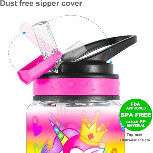 Miniatura 4 de Home Tune Linda botella de agua para niños y niñas, sin BPA, impresión resistente y a prueba de fugas, popote abatible y lazo de transporte y fácil
