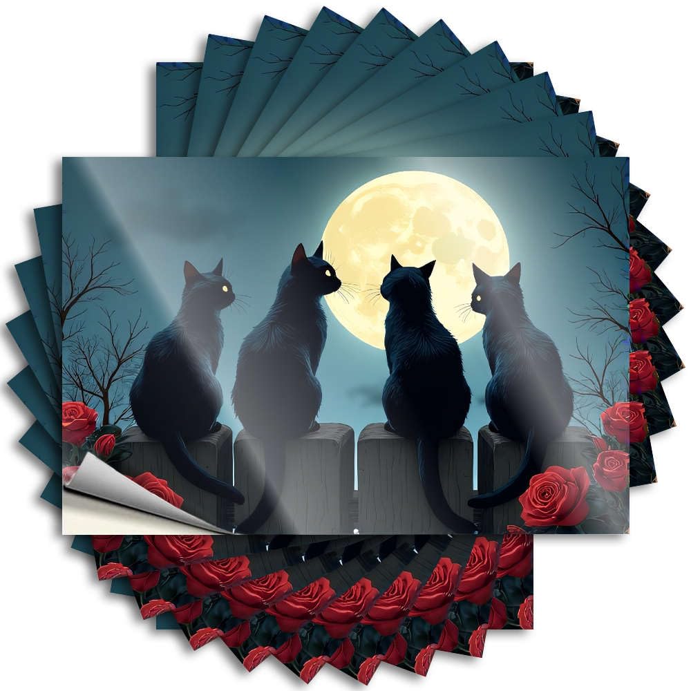 Fzfn Colour Bathroom Stuff Bumper Decals - Four Black Cats Sit On A Fence, Gazing At A Full Moon. Reading Durable Sticker Easy Apply For Fishing Decor(12X18cm)