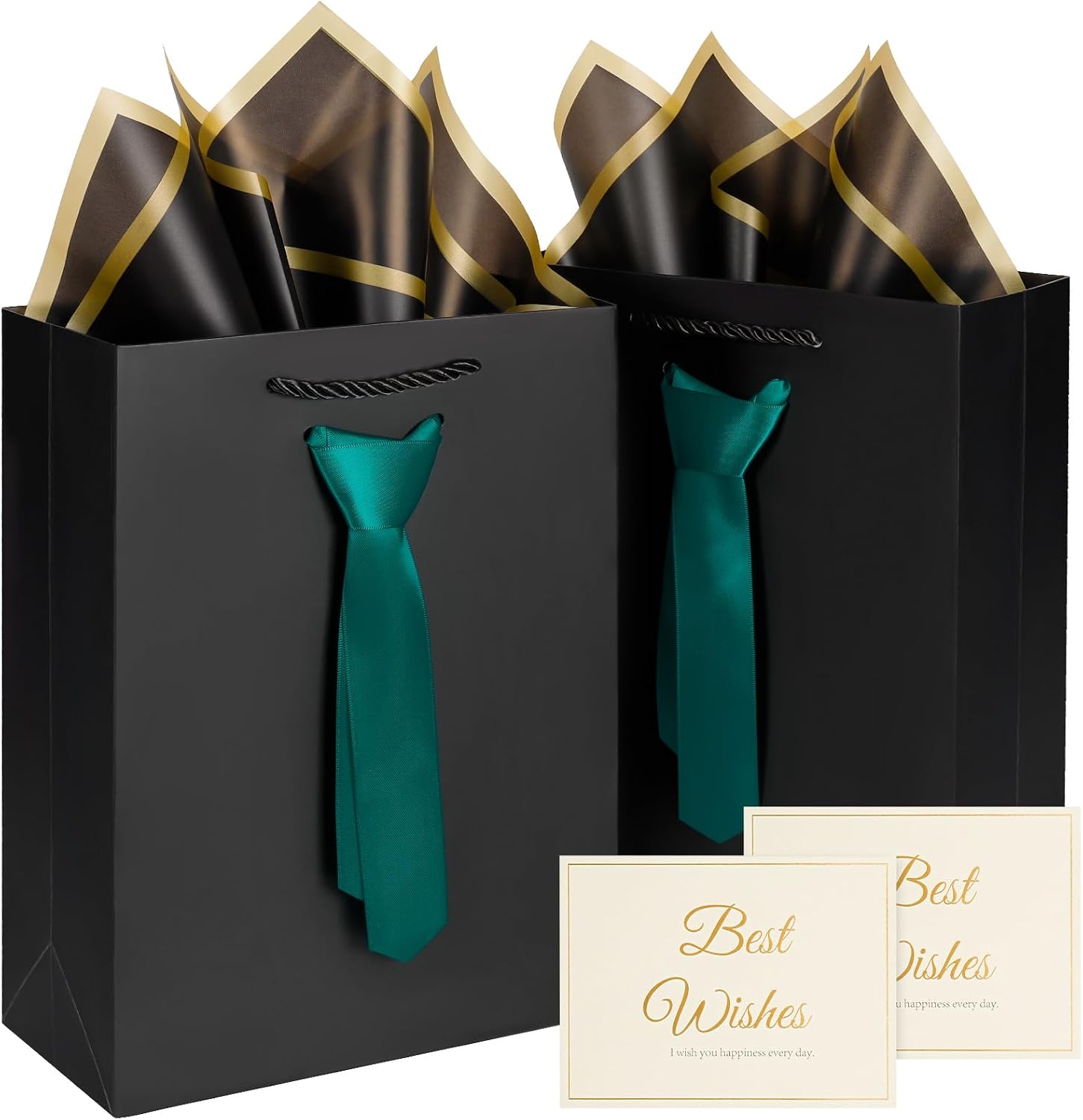 2 Pcs Black Gift Bags,birthday gift bags with Handles and Pre-Tied, 2 tissue paper and 2Greeting Cards, thank you gift bags for men , Fathers Day Gift Bags,Teacher Appreciation gift bags,Graduation Party Wedding gift-bags (Small -black/green)
