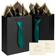 2 Pcs Fathers Day Gift Bags,Black birthday gift bags with Handles and Pre-Tied, 2 tissue paper and 2Greeting Cards, thank you gift bags for men , Teacher Appreciation gift bags,Graduation Party Wedding gift-bags (Small -black/green)