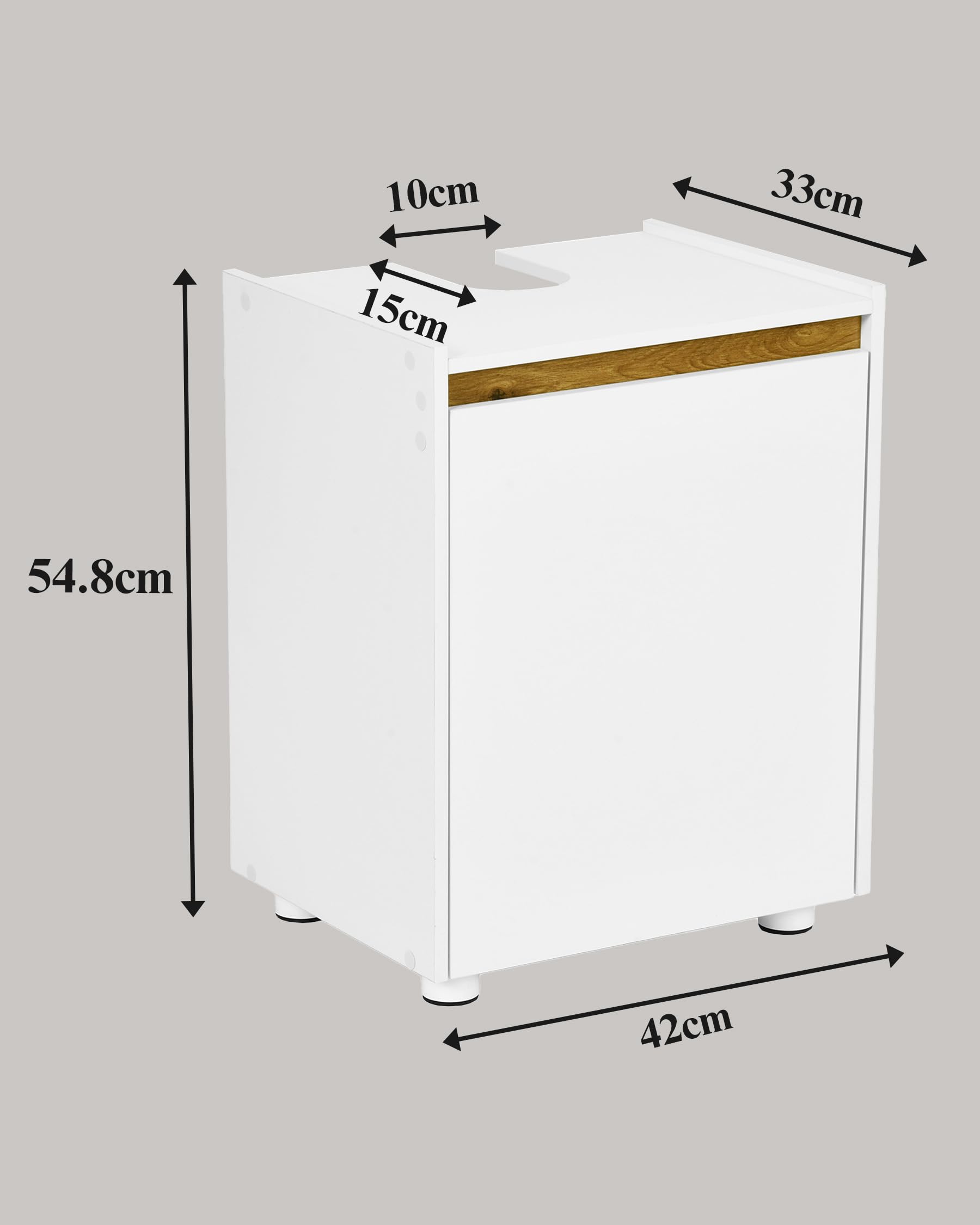 Mueble bajo lavabo blanco para cuarto de baño, lavabo con decoración de madera de roble, 42 x 33 x 54,5 cm, armario bajo lavabo estrecho con estante ajustable, sin mango