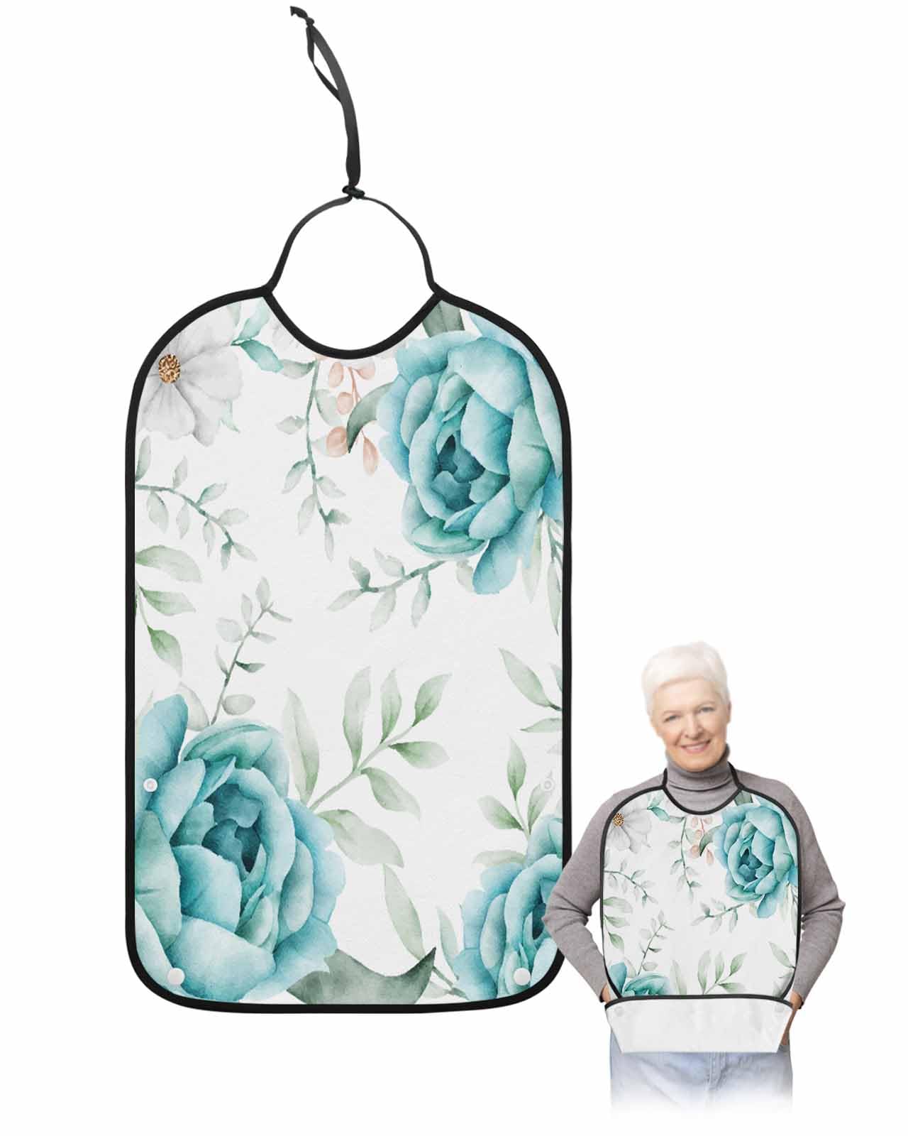 Watercolor Spring Floral Adult Bib for Adults Men, Women, Washable & Adjustable Terry Cloth Bib with Crumb Catcher Reusable Waterproof Clothing Clothes Protector Apron Rustic Chic Leaves Simple White